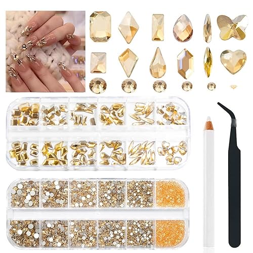 2680 diamantes de imitación para uñas color dorado champán, 120 dijes grandes de uñas doradas, piedras preciosas de diamante con cuentas redondas K9