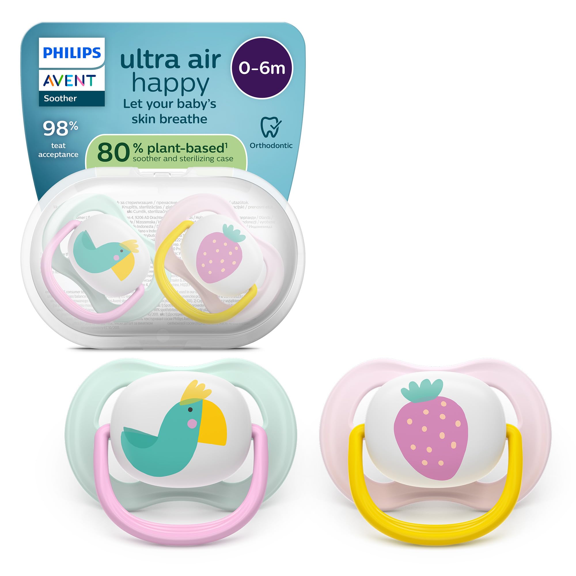 Philips Avent Ultra Start Ciuccio - Design ortodontico, per neonati 0-6 mesi, tettarella simmetrica in morbido silicone, senza BPA, con custodia per la sterilizzazione, confezione da 2, SCF080/24