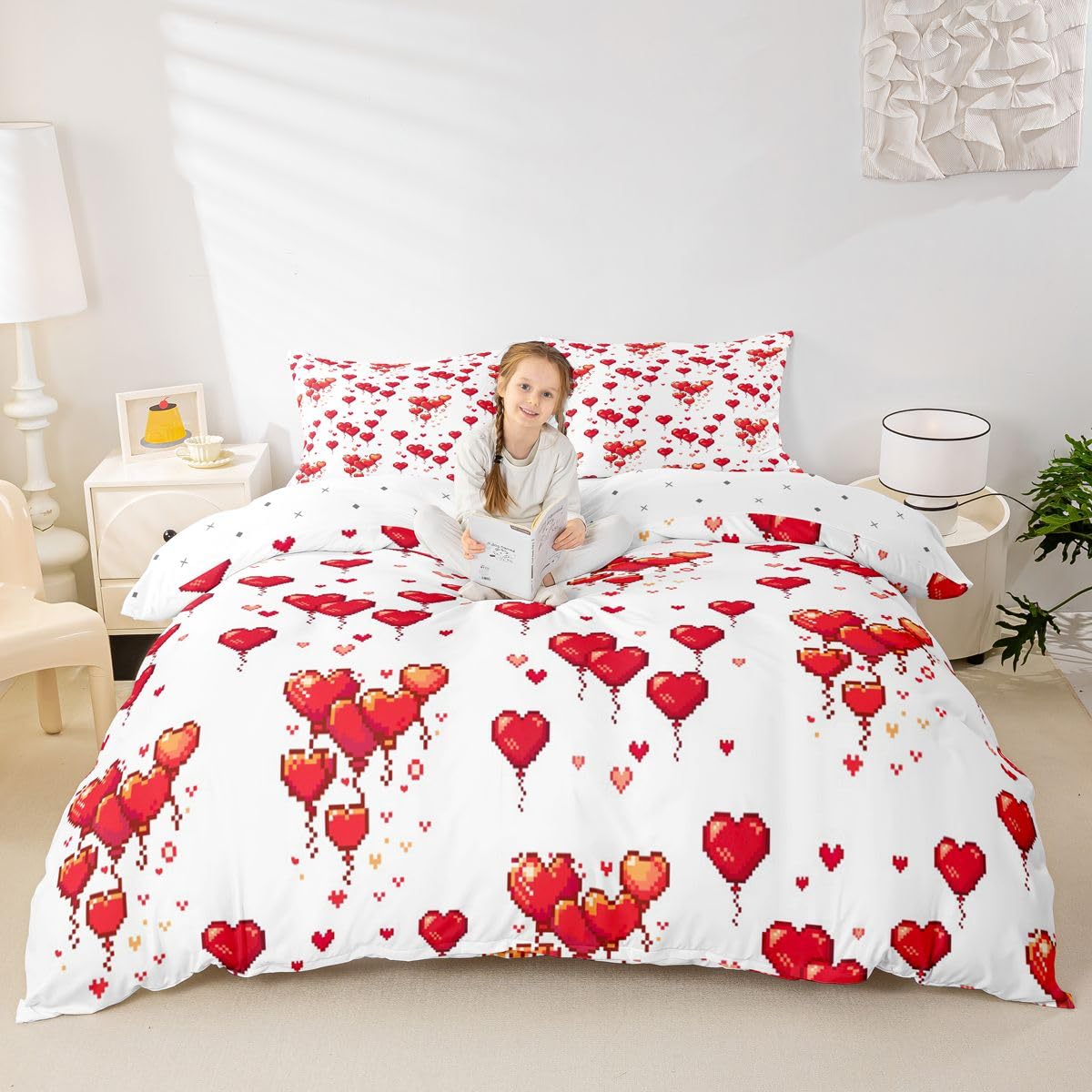 Homewish Pikselowa miłość serce król zestawy pościeli dziewczyna uroczy czerwony balon poszewka na kołdrę retro romantyczne serca poszewka na kołdrę estetyczna grafika zestaw łóżka