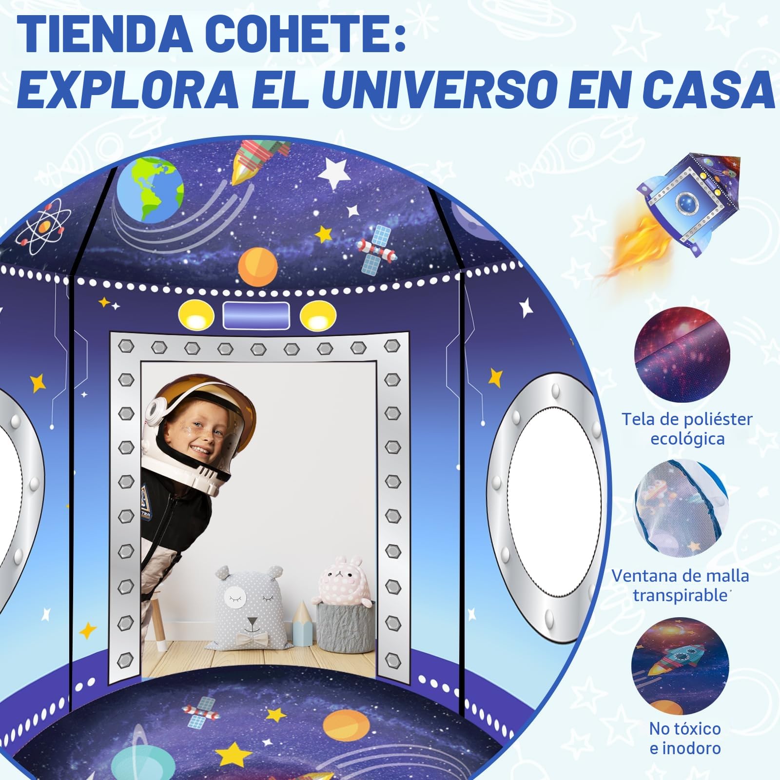 Cohete 3 en 1 Carpa de Juego con Túnel y Piscina de Pelotas para Niños Playhouse Plegable para Interior Exterior - Juguete Espacial Bebés y Niños - Cumpleaños Navidad Fiestas Infantiles Tienda Rocket