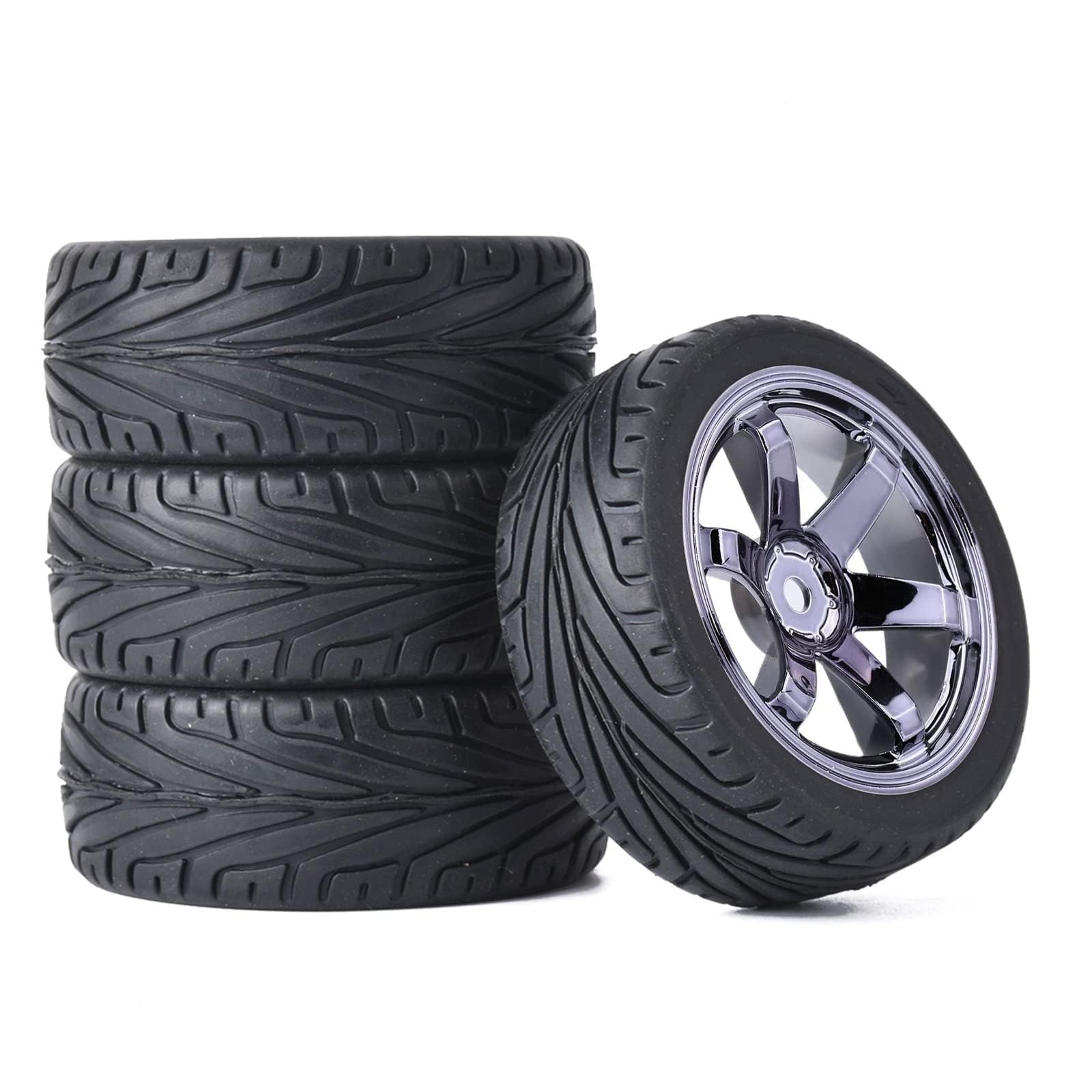 KINGCOO 4PCS 1:10 RC Car Tyre 65mm Rubber Tires and Plastic Wheel Rims for 1/10 On-Road Racing Touring Drift Car Spare Parts for HSP Tamiya HPI Kyosho (Gray)