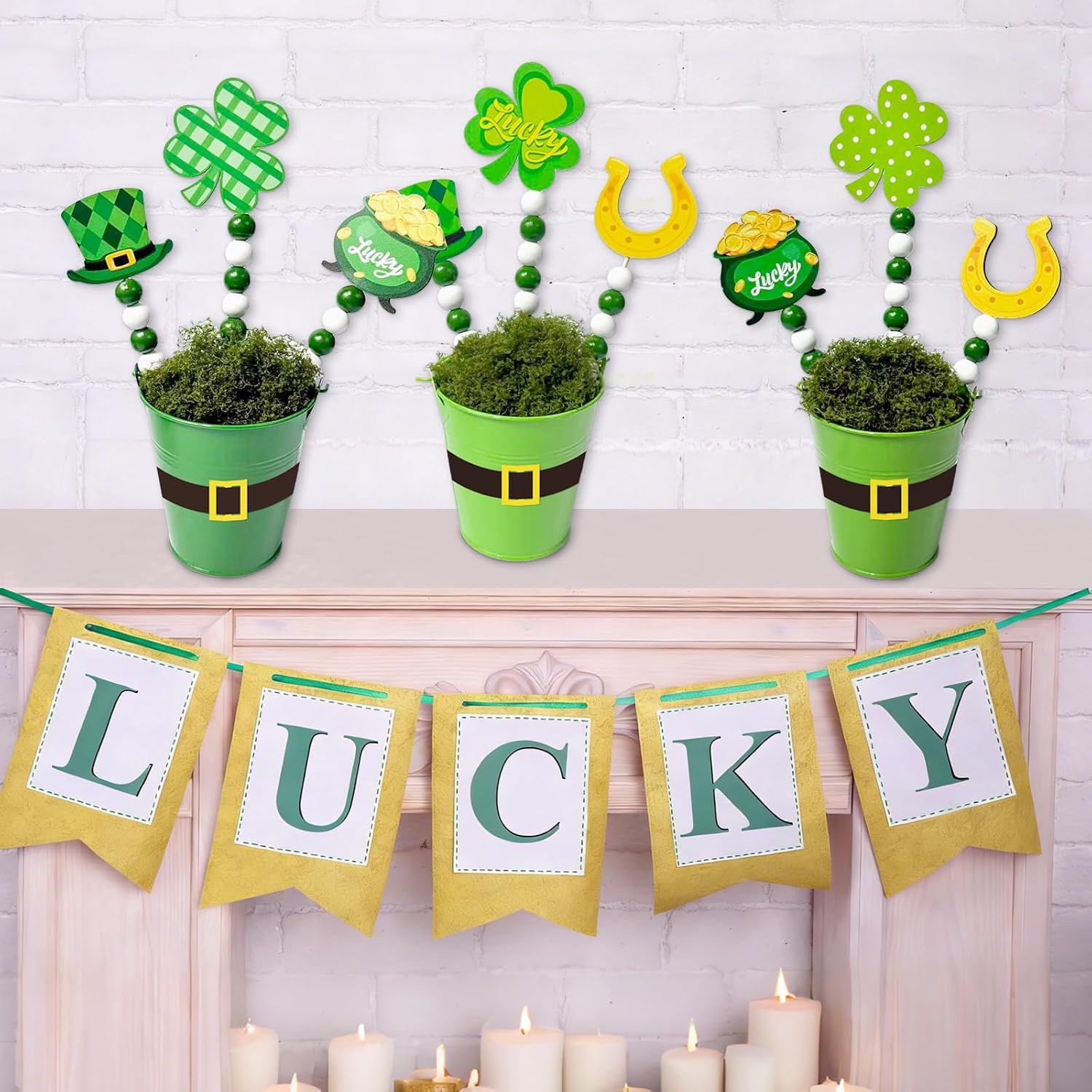 Cinrobiye 3Pcs St Patrick's Day Artificial Potted Plants, Lucky Shamrock Table Centerpiece Decor for Home Party Tiered Tray Shelf Decorations Irish Holiday