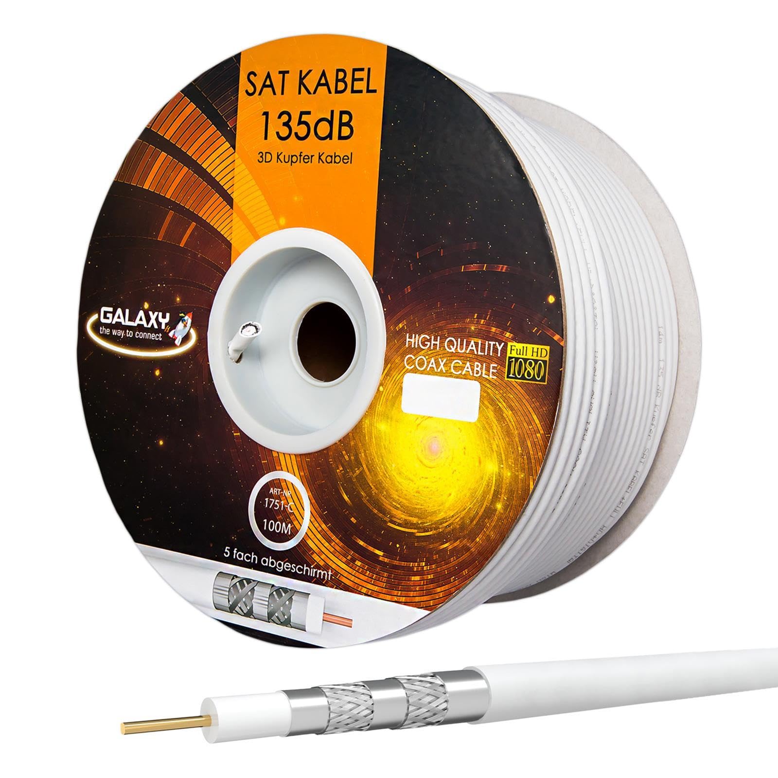 Cable coaxial SAT 135dB 100m Cable coaxial de cobre KU puro Cable de antena 5 veces blindado para sistemas DVB-S / S2 DVB-C y DVB-T BK + 10 conectores F chapados en oro con anillo de goma SET gratis de HB Digital