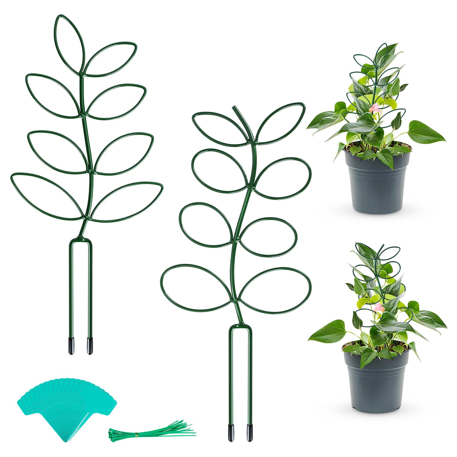 GROWNEER 2 Pcs 14" Small Plant Trellis for Climbing Plant, Leaf Shaped Metal Potted Trellis with 20 Pcs Cable Ties, 15 Pcs Labels, Support for Flower Stem Vines, Green