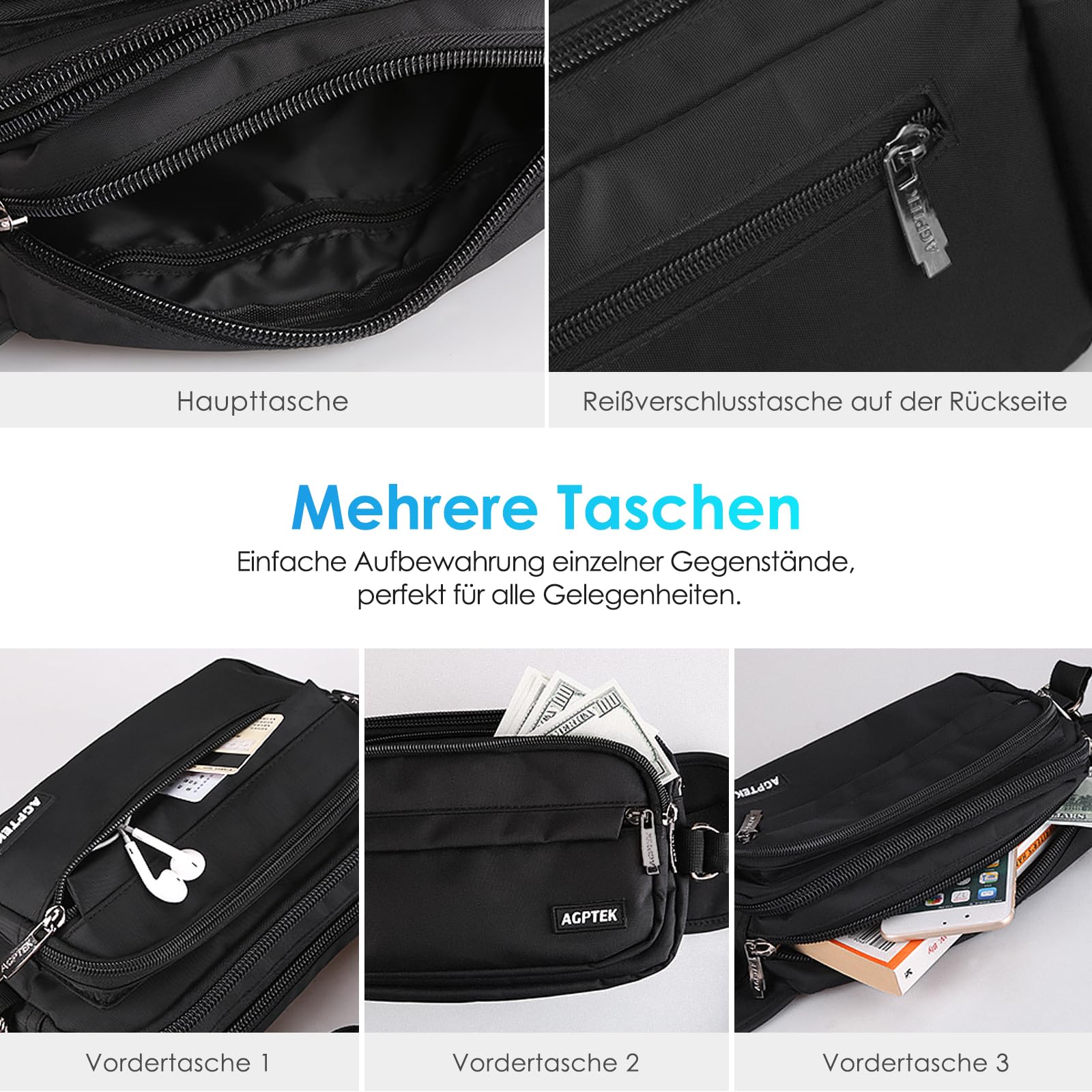 AGPTEK Bauchtasche für Herren und Damen, wasserdichte Gürteltasche mit 5 Einzelfächern, Hüfttaschen für Hundespaziergänge, Reise, Wanderung und Outdoor-Aktivität
