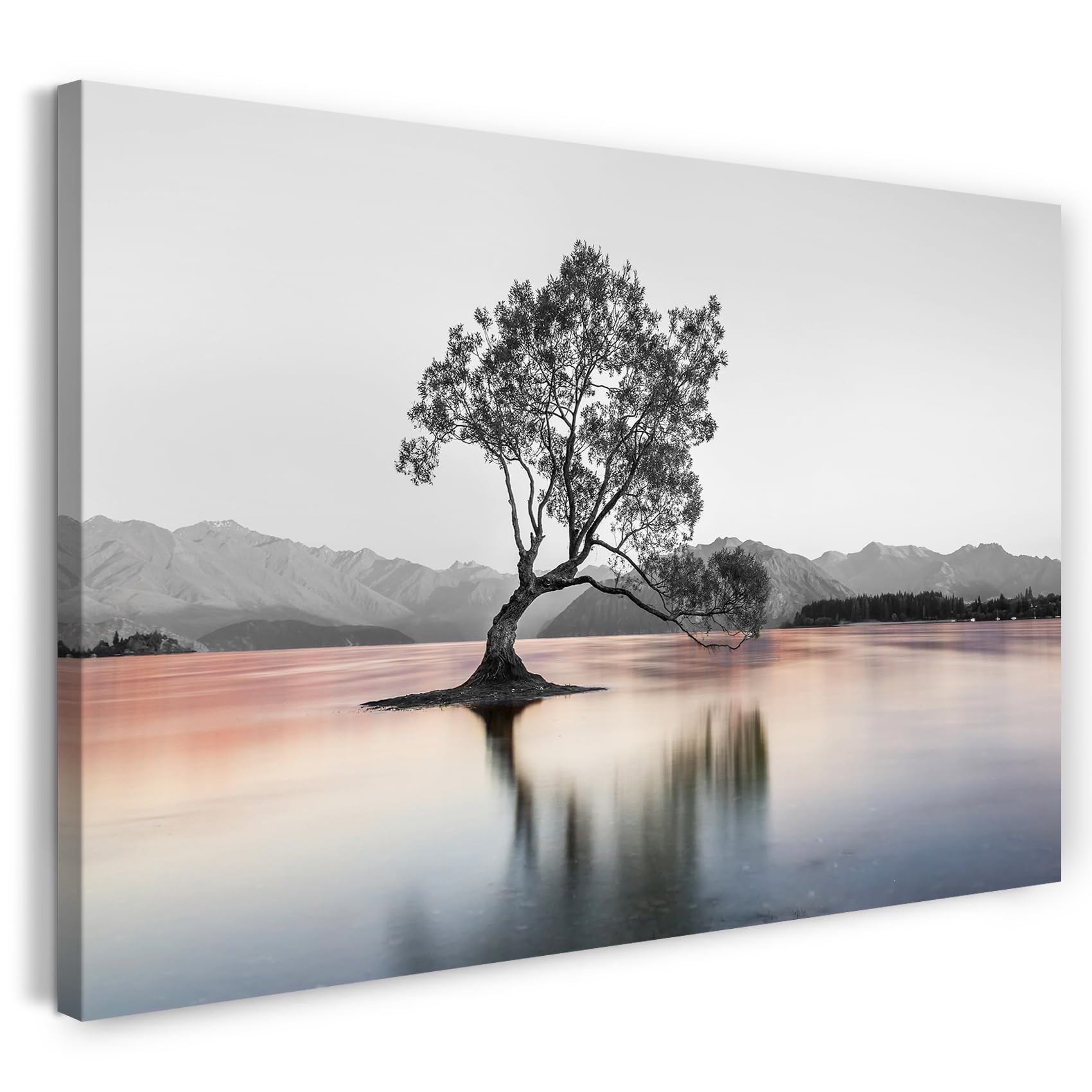 Print on Canvas (100x70 cm) Tree by the lake at dawn, nature - landscape photography, real wood frame with hook