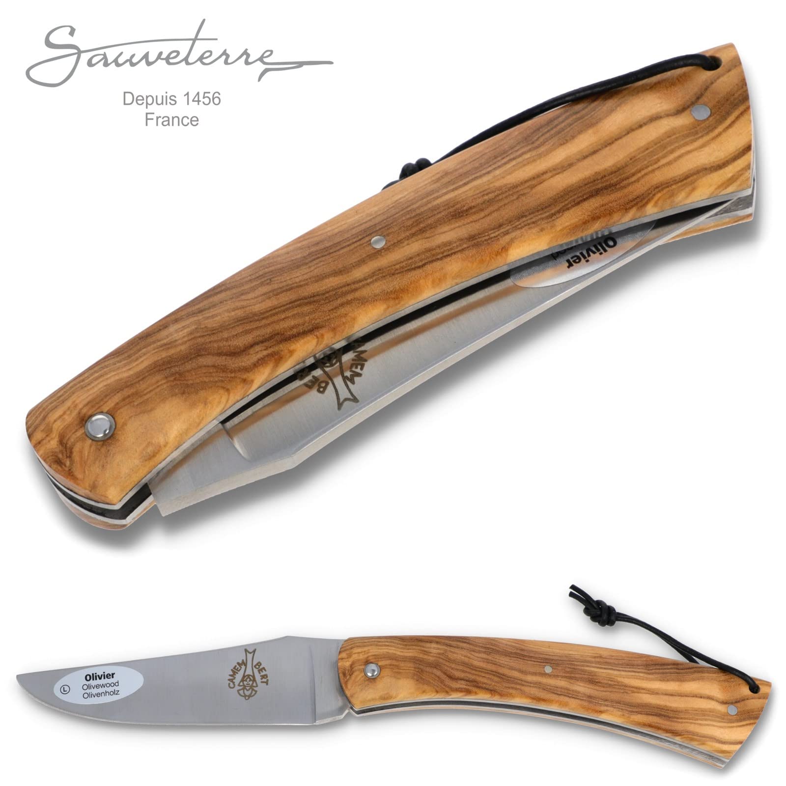 Sauveterre Le Camembert Taschenmesser - 11 cm voller Griff Olivenholz - Klinge satiniert - Messer Frankreich handgefertigt