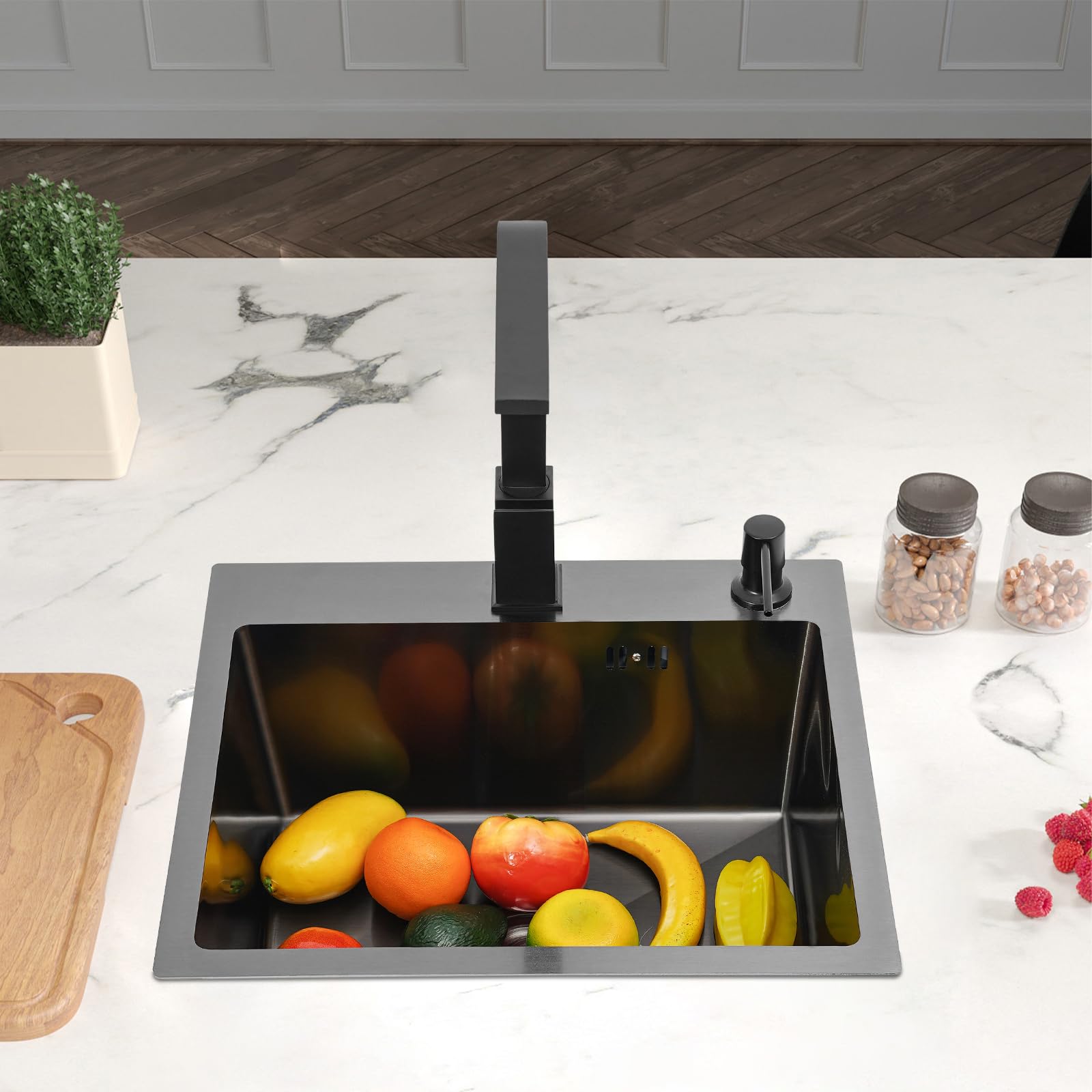 Fregadero de cocina Fregadero de acero inoxidable Fregadero con grifo Dispensador de jabón giratorio 360° Grifo empotrable Fregadero de doble paso Fregadero de acero inoxidable en desagüe negro gris