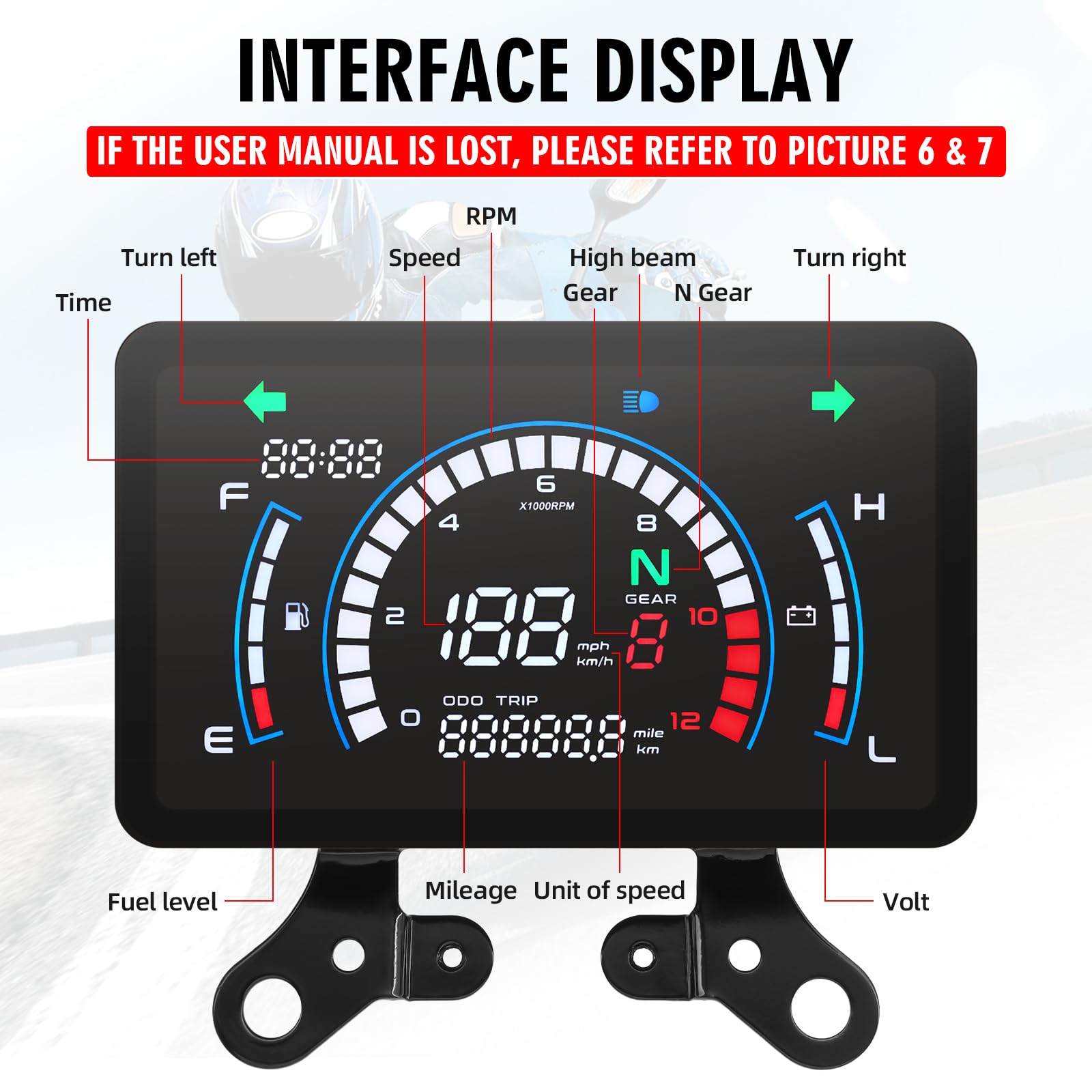 MAIMEIMI Motorcycle Speedometer Cluster Mechanical Digital Speedometer for Moto with LCD Screen Motorcycle Speedo Meter Dashboard with MPH, Tach, Odo, Oil Level, Time, 5 Gear, Volt : Automotive