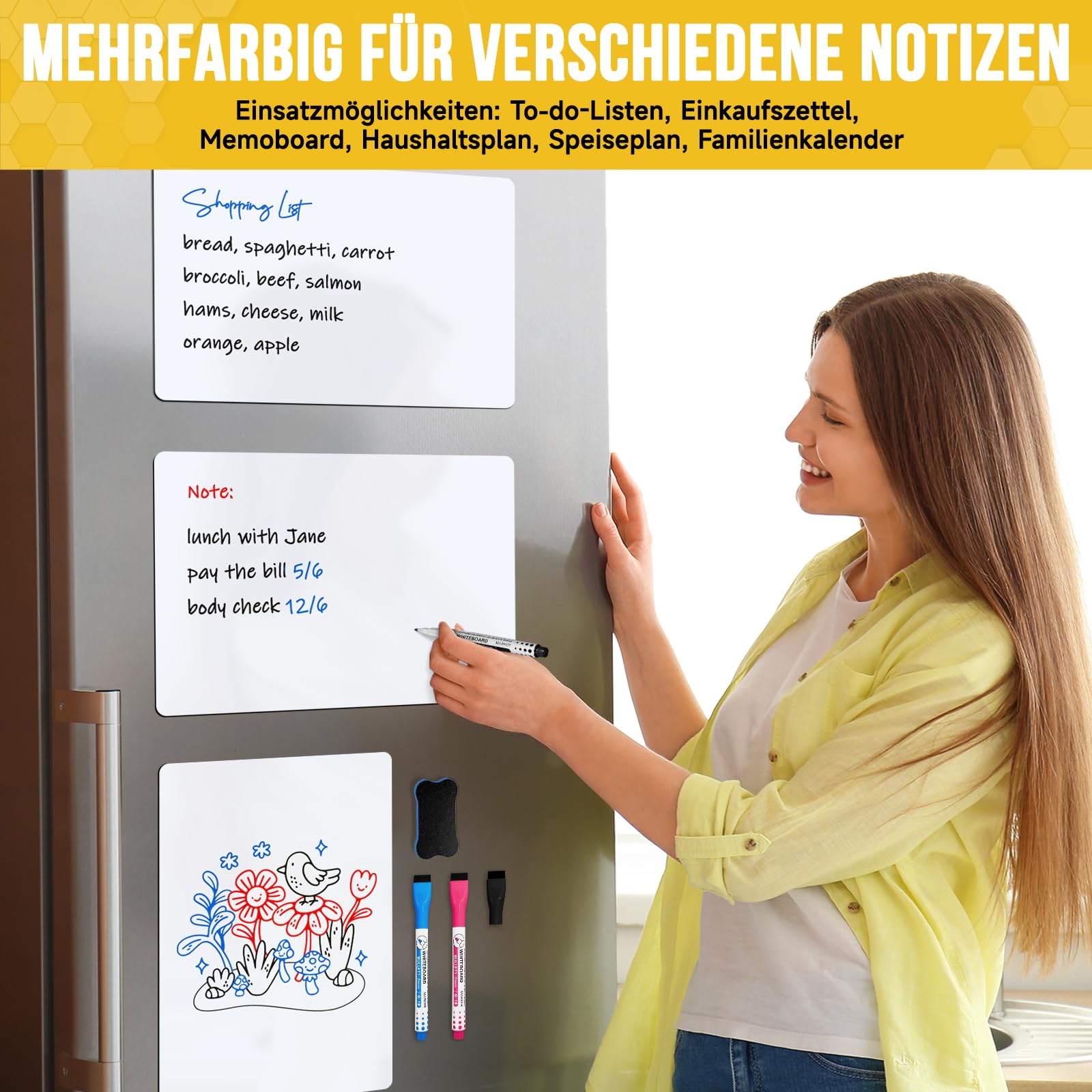 3 Stück Mini Magnetisches Whiteboard für Kühlschrank 30x20cm | Abwischbare A4 Magnetfolie für Küche u. Familie. Zuschneidbarer Wochenplaner. Inkl. 3 magnetische Stifte, 1 Schwamm