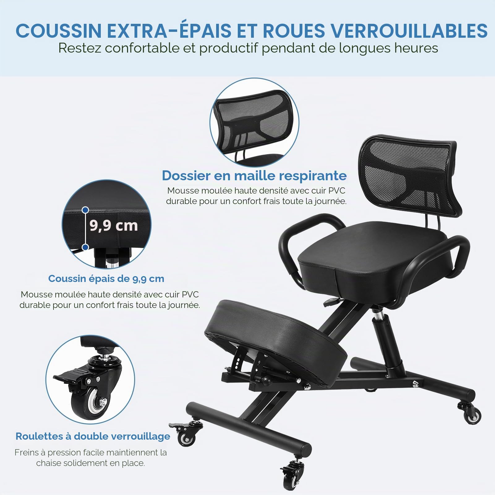 Chaise genoux ergonomique avec dossier | Hauteur réglable de 57 à 67 cm et rembourrage en maille respirante | Repose-jambes 4 positions et siège stable jusqu'à 100 kg Tabouret pour bureau, dessin et