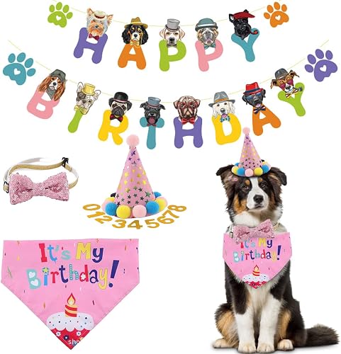 Dog Birthday Hat Bandana Party Decorations, Reusable Dog First Birthday Supplies with Banner Bowtie Numbers Crown, Cute 1st Large Puppy Girl Happy Birthday Outfit Shirt, One Size for Dogs Pet (Pink)
