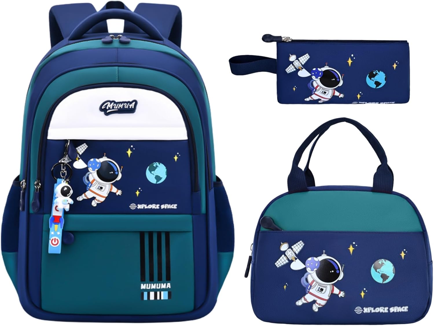 MITOWERMI 3pcs Boys Backpack with Lunch Box School Bags for Boys Lightweight Astronaut Kids Backpack Bookbags Sets for Elementary School Students, Green