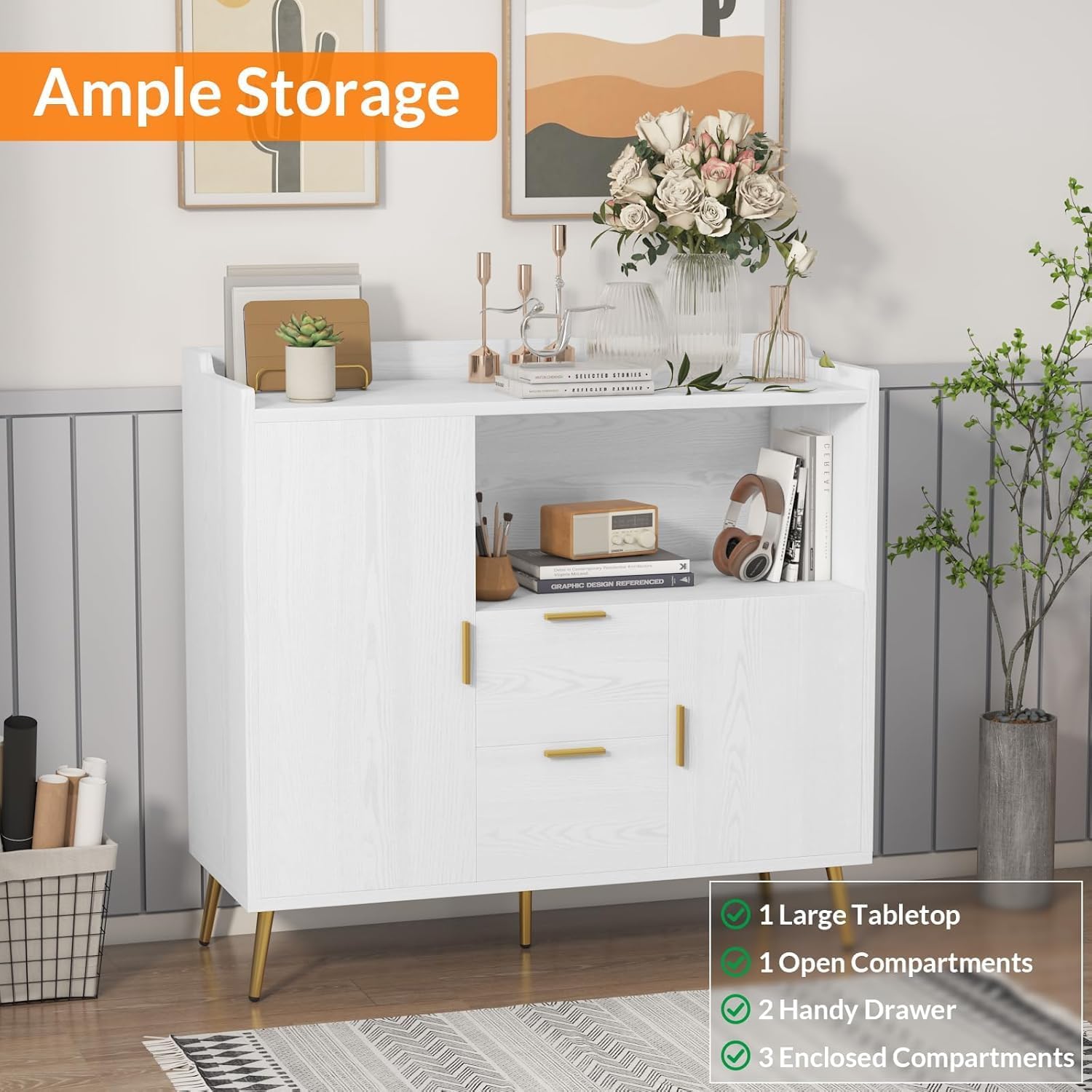 Modern Storage Solution Buffet Sideboard Cabinet – Wooden, 40 Inch, with Drawers, Doors, Adjustable Shelves, Open Compartments – Perfect for Kitchen, Dining Room, Living Room – Color: White
