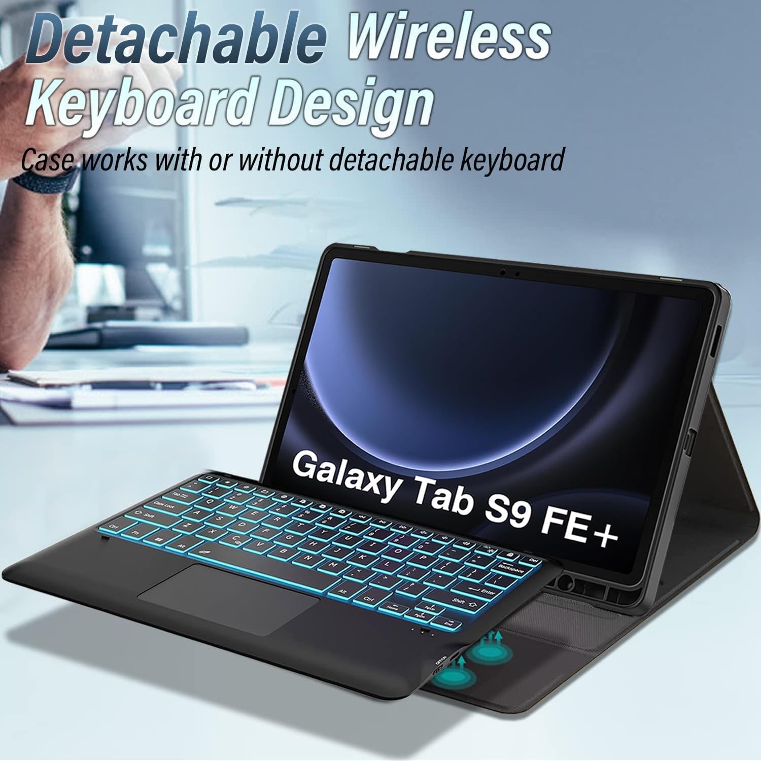 Keyboard Case for Samsung Galaxy Tab S10+/S9 FE+/S9+ Plus 12.4 Inch Tablet, 7 Colors Backlit, Smart Touchpad, Detachable Bluetooth Trackpad Keyboard & Slim PU Stand Cover with S Pen Holder