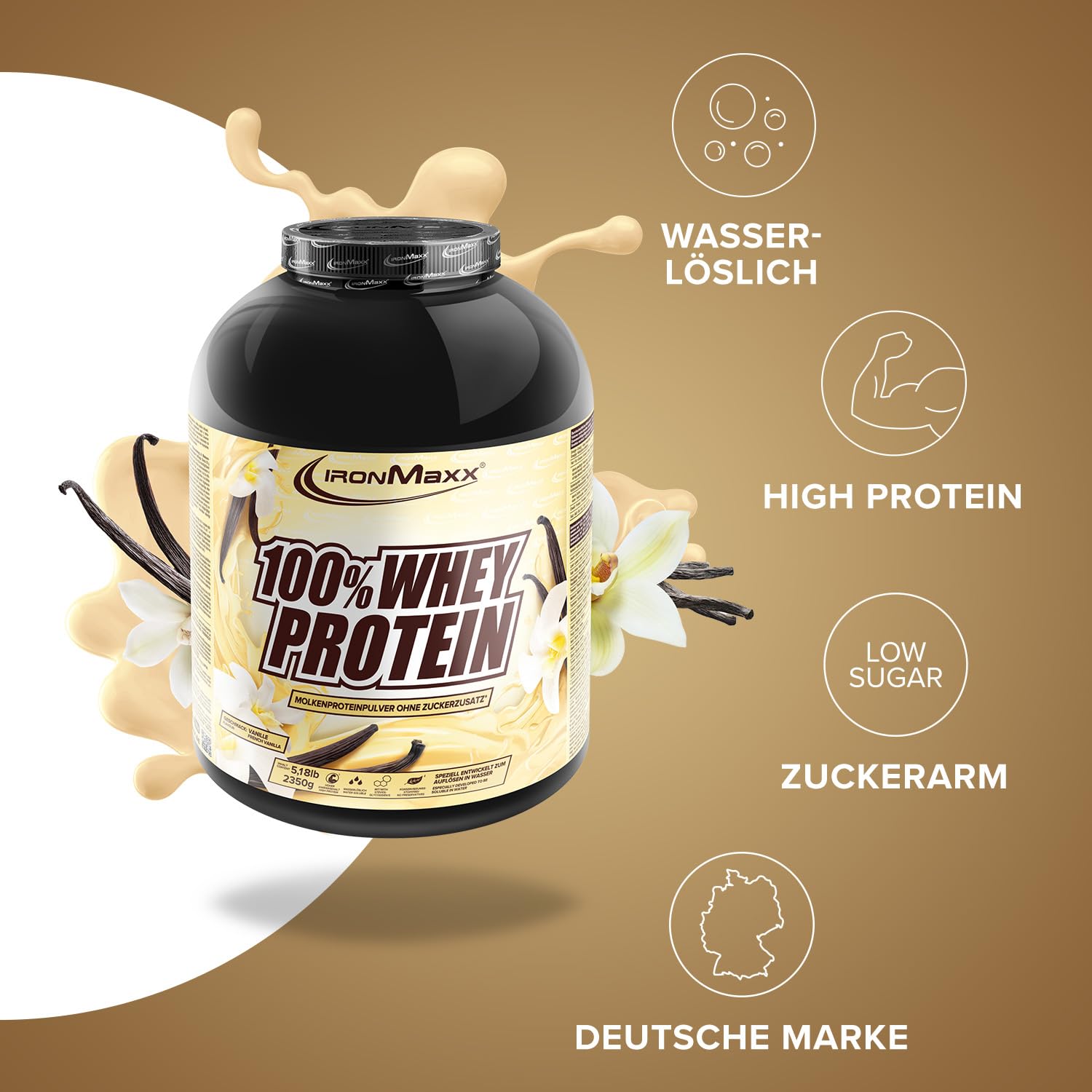 IronMaxx 100% Whey Protein Pulver 2350g - Vanille | Cremiger Eiweißshake mit BCAAs & EAAs | High Protein, Low Carb & zuckerarm | Ideal für Muskelaufbau, Diät & Fitness