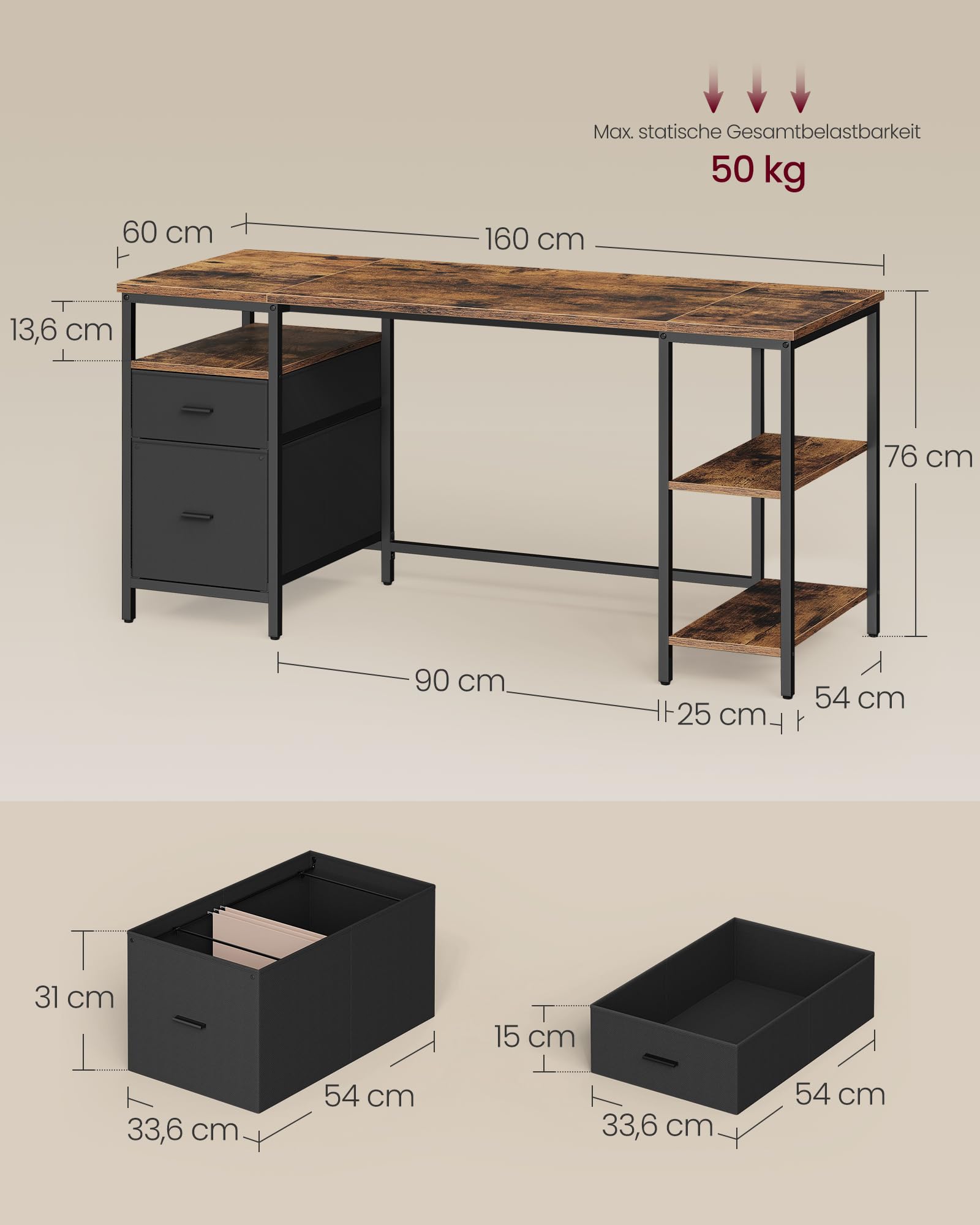 VASAGLE Computertisch, Bürotisch, Schreibtisch, mit 3 Ablagen, 2 Schubladen, 160 x 60 x 76 cm, fürs Büro, Wohnzimmer, Industrie-Stil, vintagebraun-schwarz LWD105K01