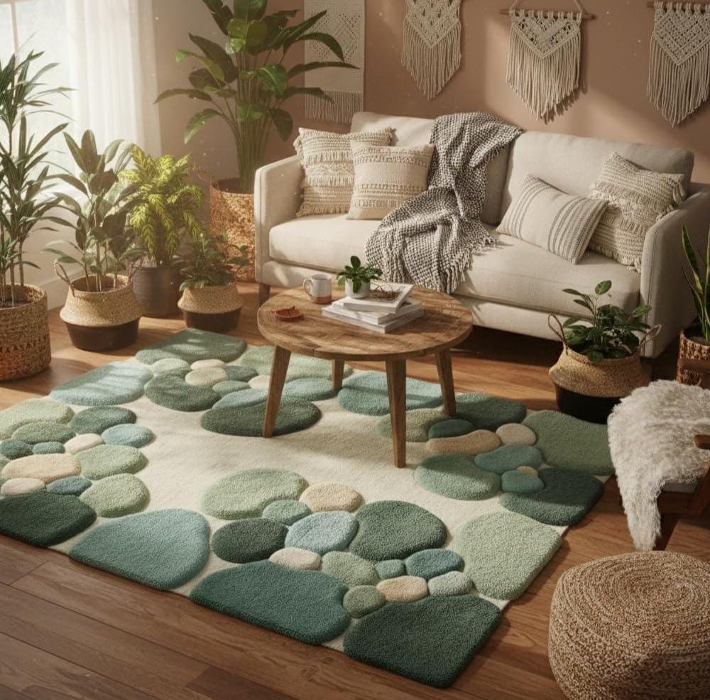 3D Moss Stone Area Rug, Green and Beige, Tufted, Nature-Inspired Living Room Decor (Olive Green, 7' x 10' Feet)