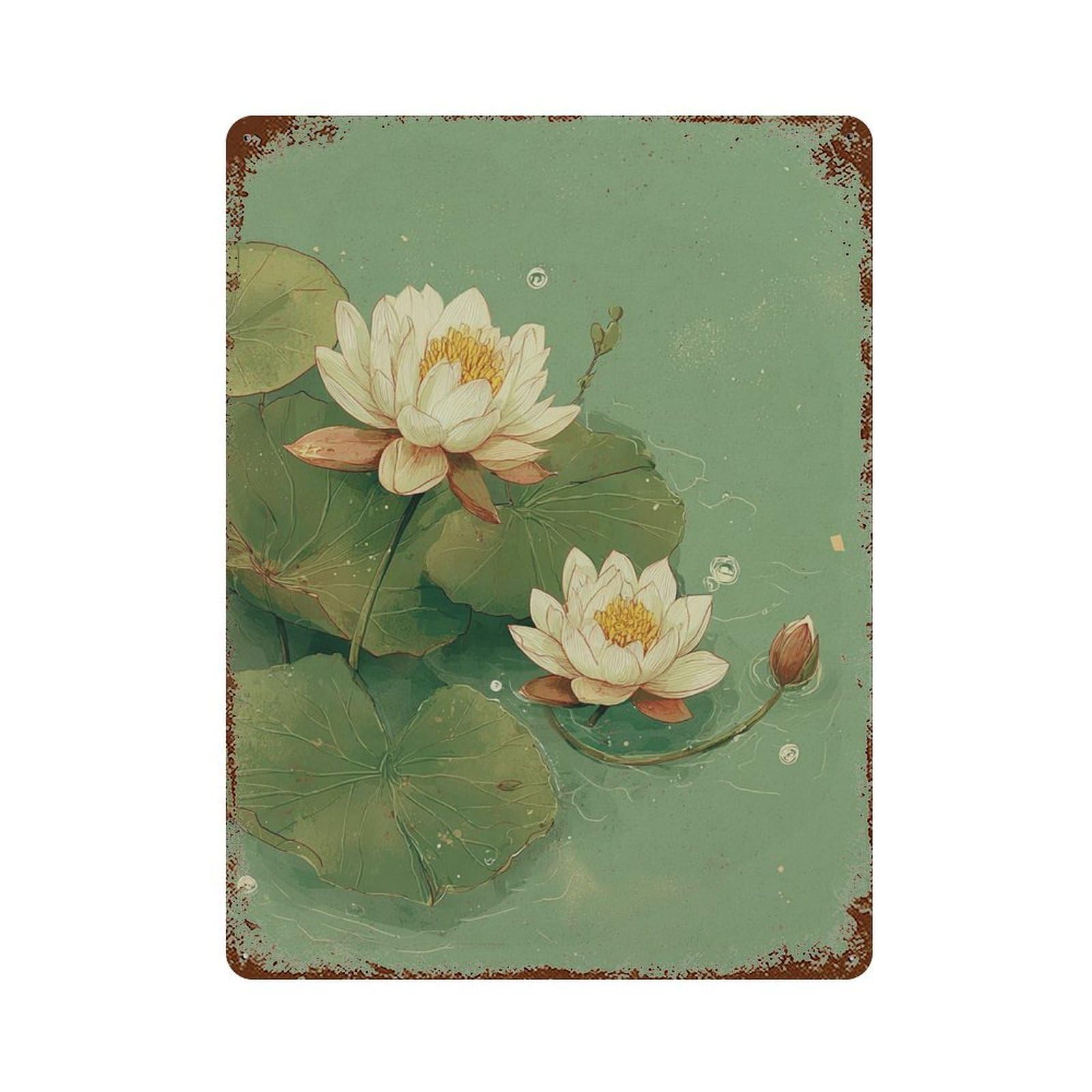 xiaoxiaoshen Lotus Flower Tranquil Water Lily Botanical Zen Bedroom And Modern Wall Decor Art Metal Tin Poster Modern Home Decor Art Home Bar Shop Decorations Vintage Sign 40x30cm
