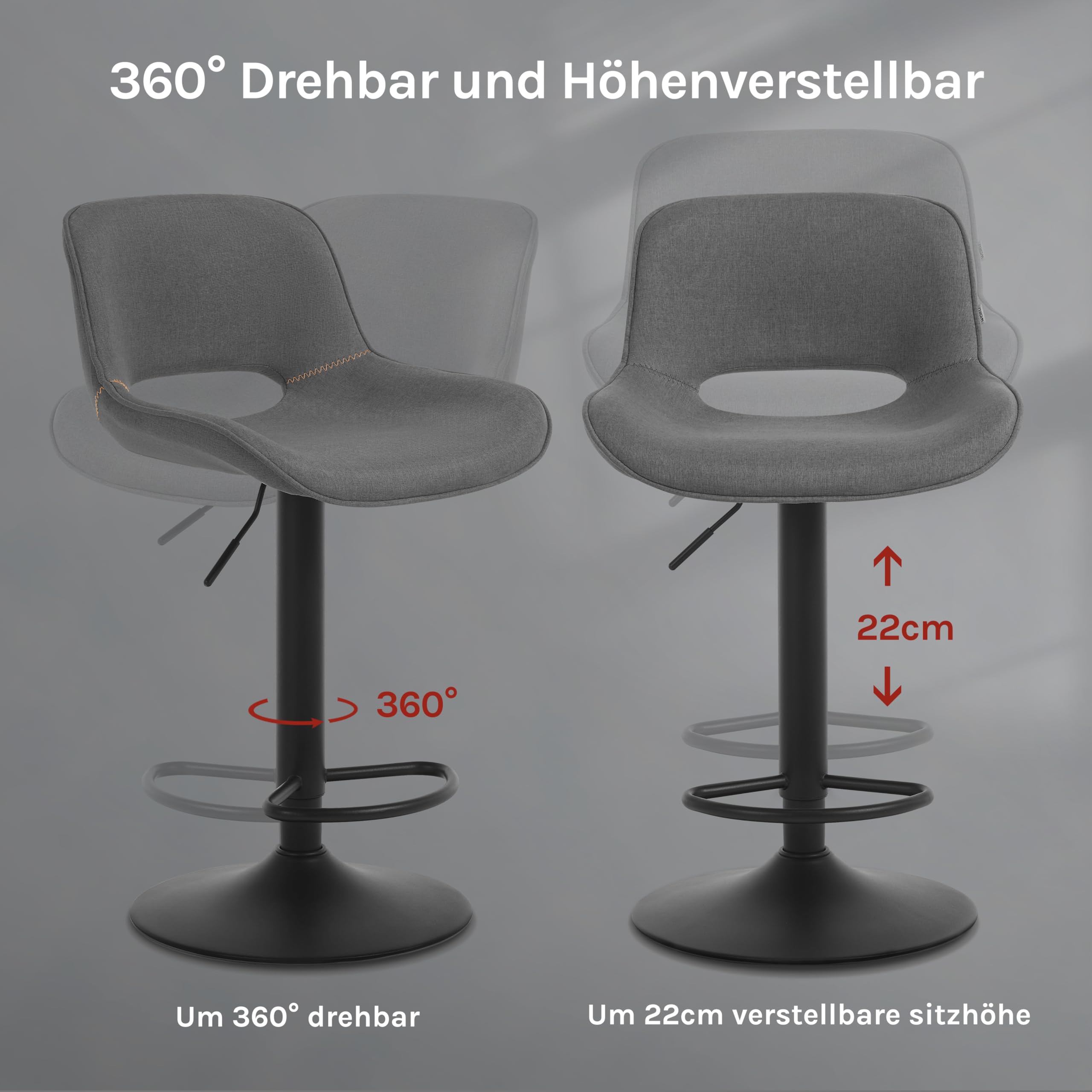 WOLTU Barhocker 2er Set, höhenverstellbar, mit Rückenlehne, Leinen, Grau | Barstuhl mit Fußstütze, Bar Hocker modern, Tresenhocker, Bistrostuhl, Drehhocker, Stuhl für Küche, Esszimmer