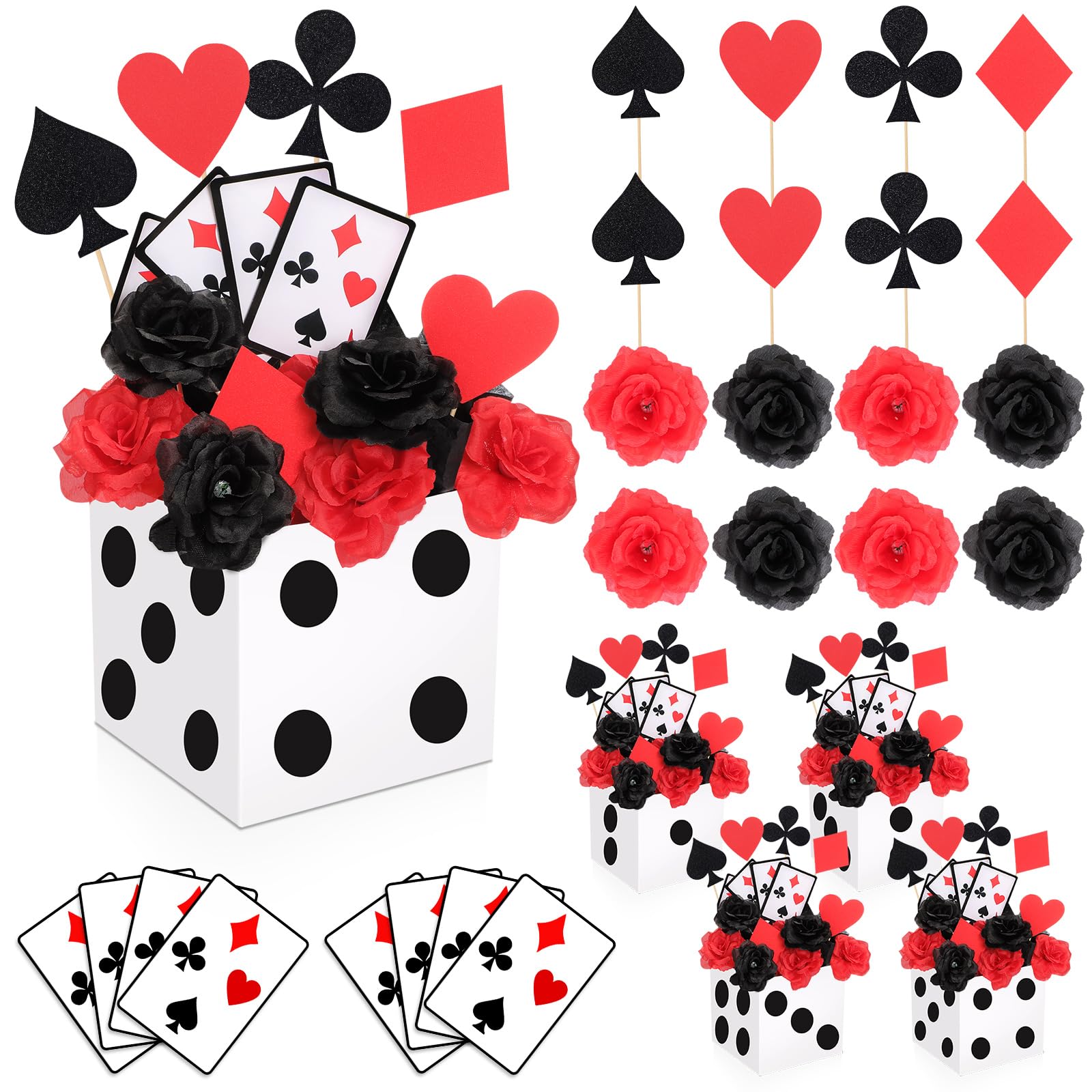 WinnerWhy 8 Sets Casino Theme Party Decoration Dice Favor Boxes Poker Toppers for Table Centerpieces with Flowers Poker Cutouts and Sticks for Las