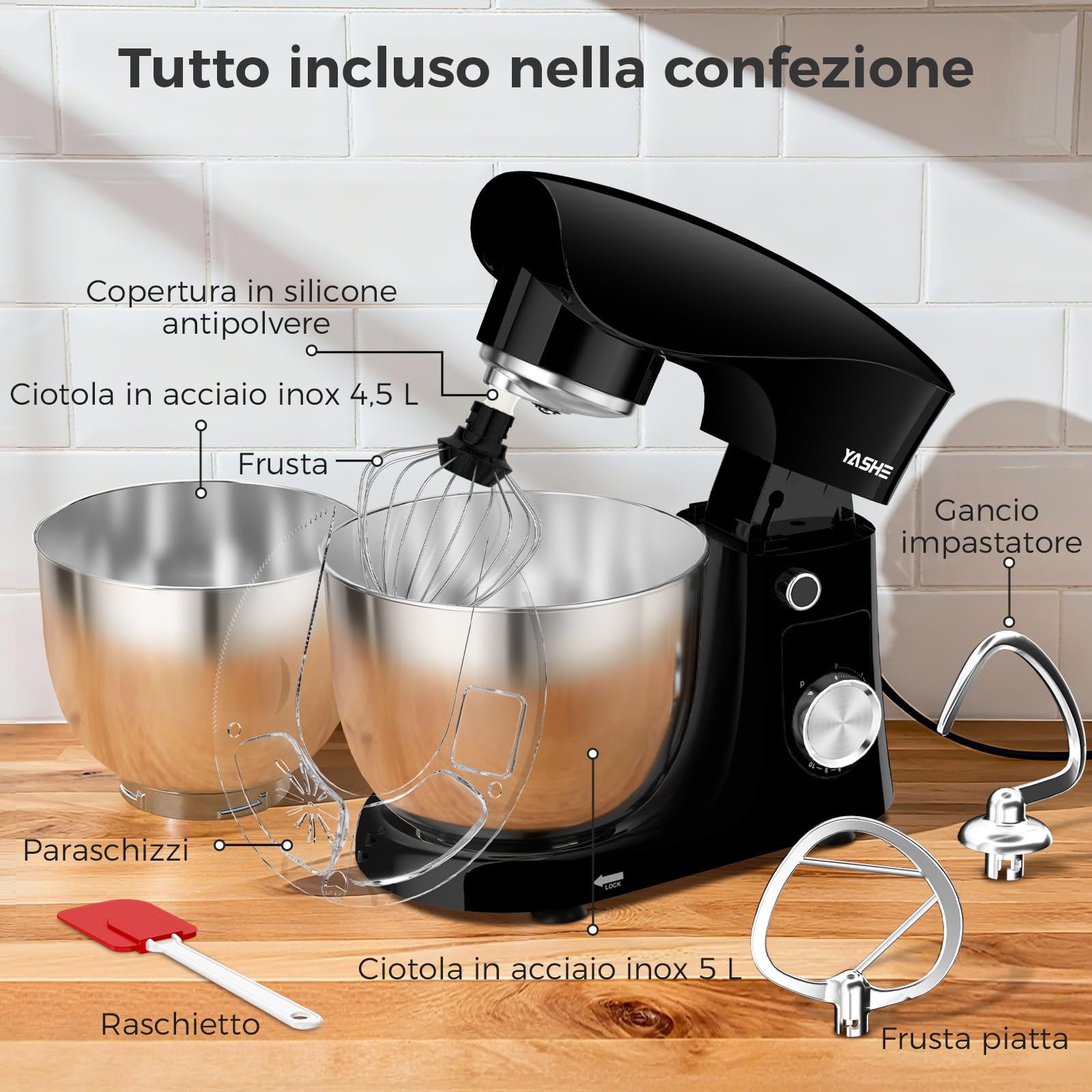 YASHE Impastatrice Planetaria 1500W, 2 Ciotole in Acciaio Inox 4,5L + 5L, 10+P Velocità, Testa Inclinabile, con Gancio Impastatore, Frusta e Sbattitore