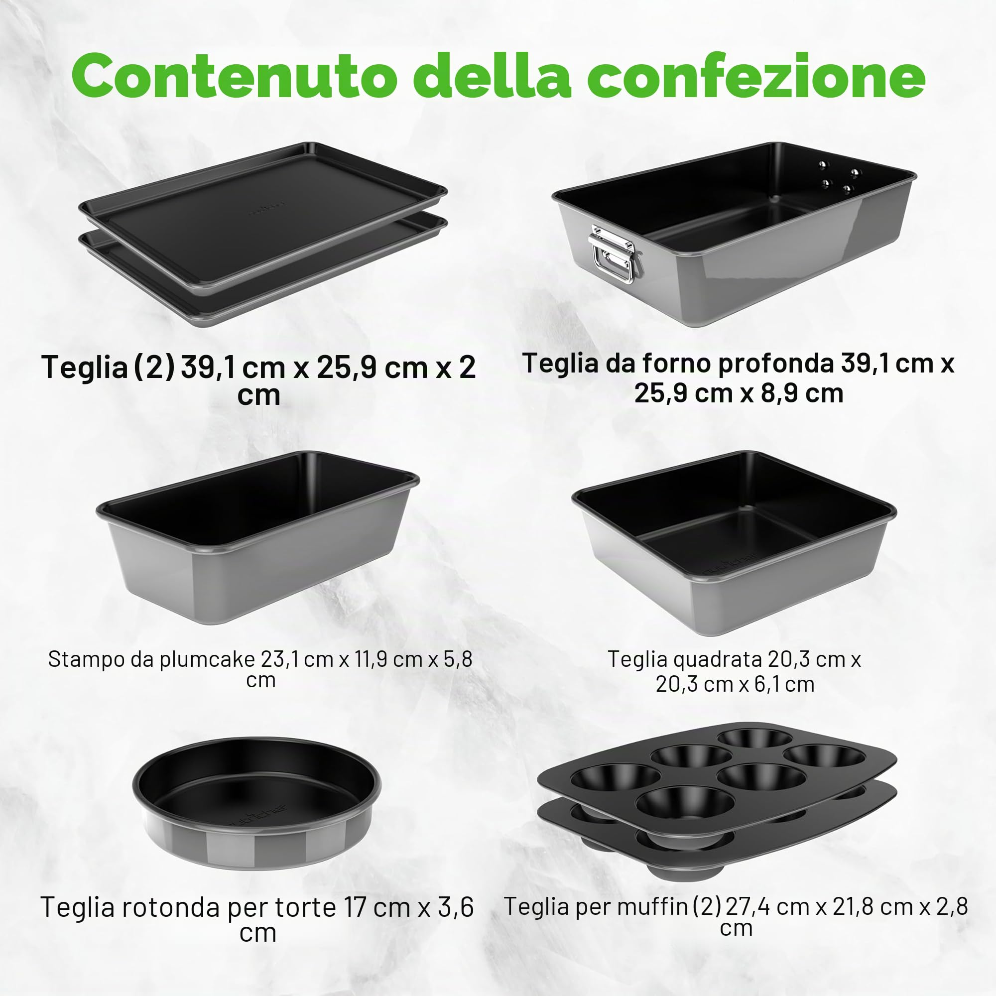 NutriChef Set Padelle Antiaderenti 8 Pezzi, Teglie da Forno Antiaderenti, Teglia Rotonda, Plumcake, Muffin, Teglie Rettangolari/Quadrate, Teglia Biscotti, Grigio