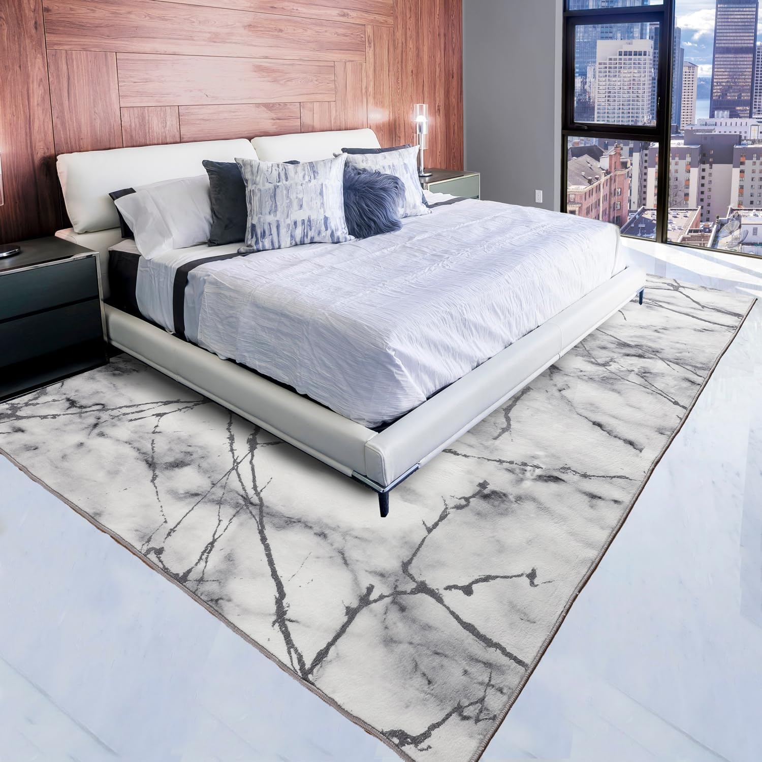 Non-Slip Marble Pattern 6x9ft Area Rug with Gold Veins,Low Pile Modern Minimalist Design, Durable & Easy - Clean, Perfect for Living Room, Bedroom, or Dining Room-Silver Gray