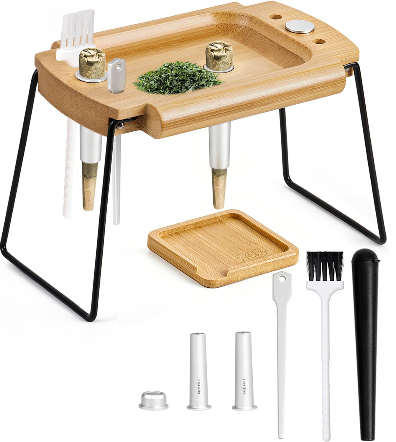 Foldable Wooden Rolling Tray Set with Cone Loader, Cone Filler - Rolling Tray with Cones Loader, Complete Rolling Tray Kit with Smell Proof Tube &amp; Pre-Roll Machine(Brown-Single Hole)