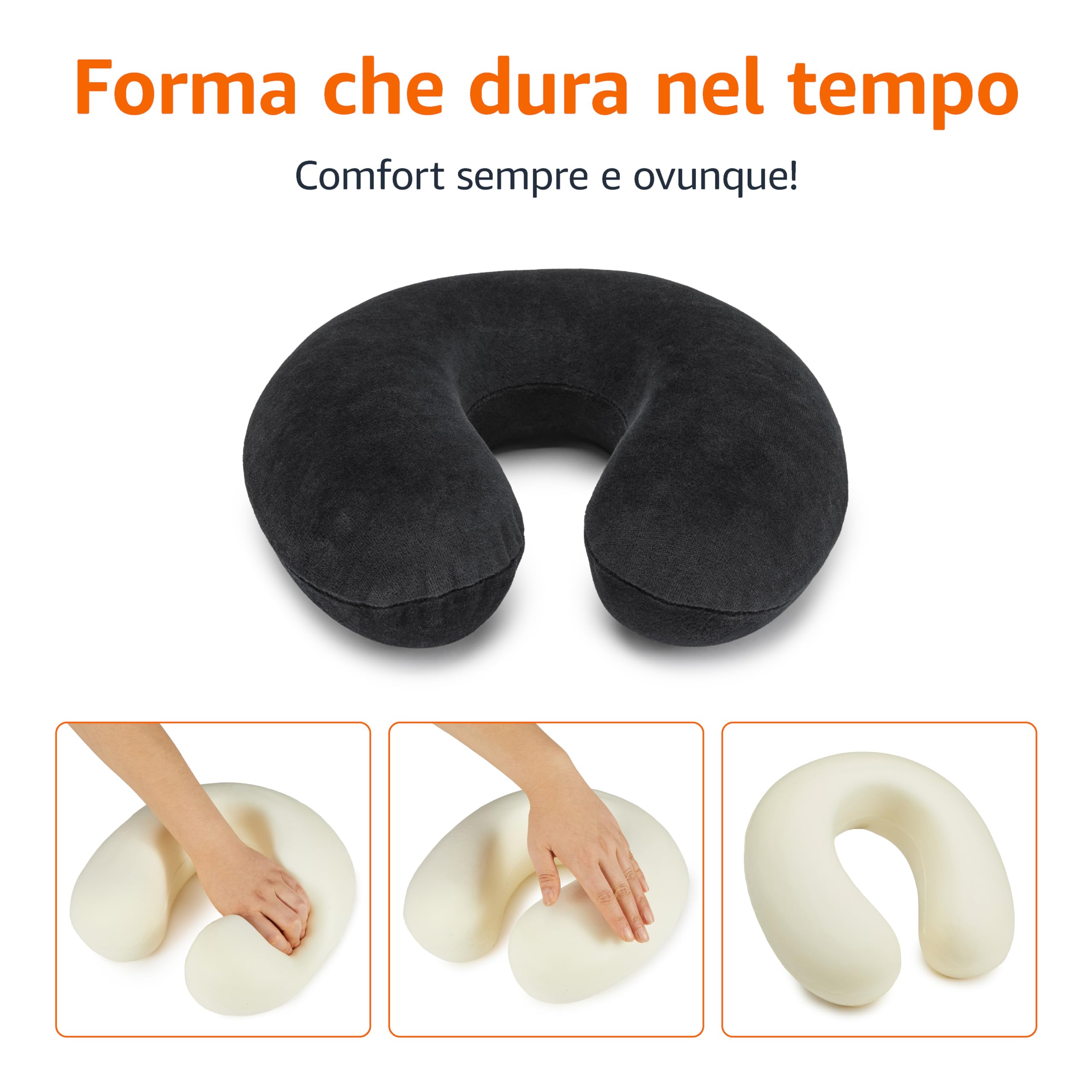 Amazon Basics Cuscino per il collo, in memory foam, 1 unità, Semicircolare, Nero