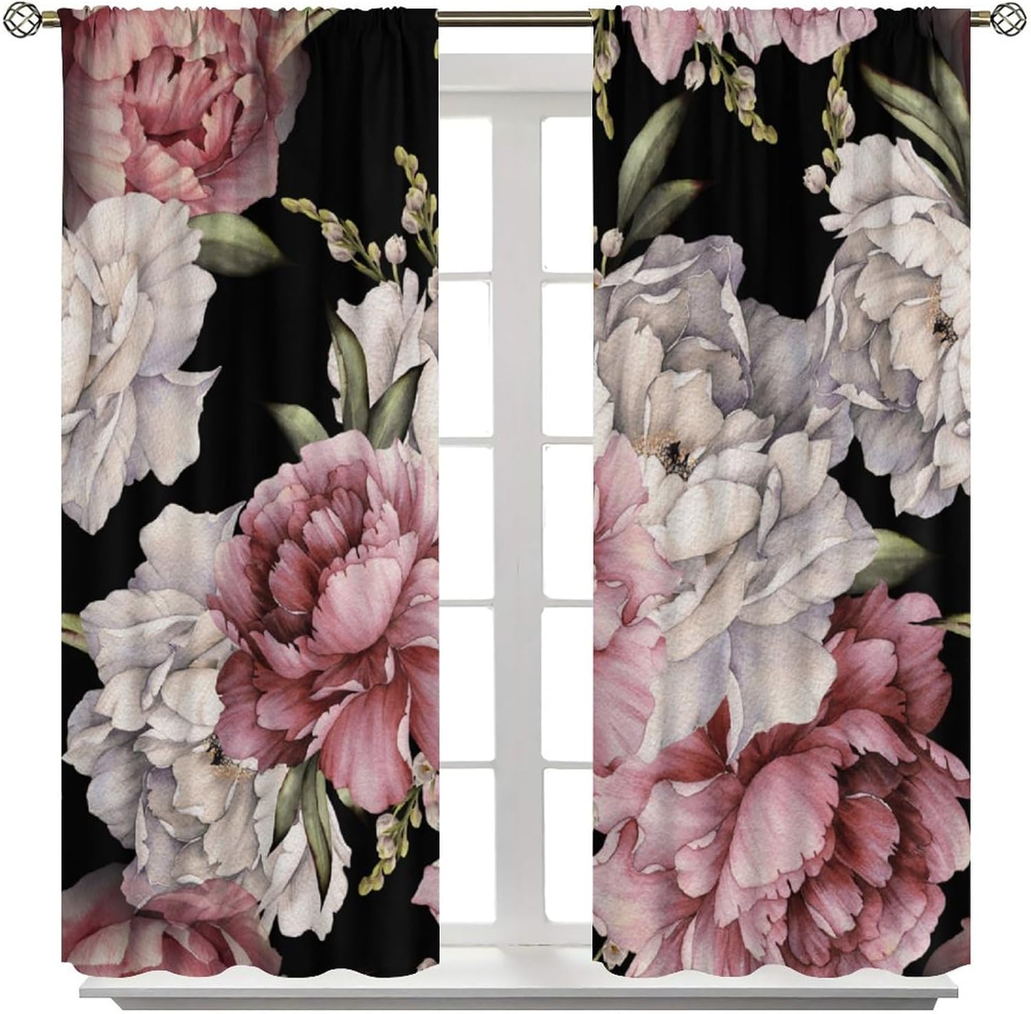 Black Boho Floral Blackout Curtain Vintage Watercolor Rose Peony Retro Pink Blossom Flowers Rustic Spring Leaf for Home Kitchen Restaurant Decoration Window Drapes 2Panel 42" W X 45" L