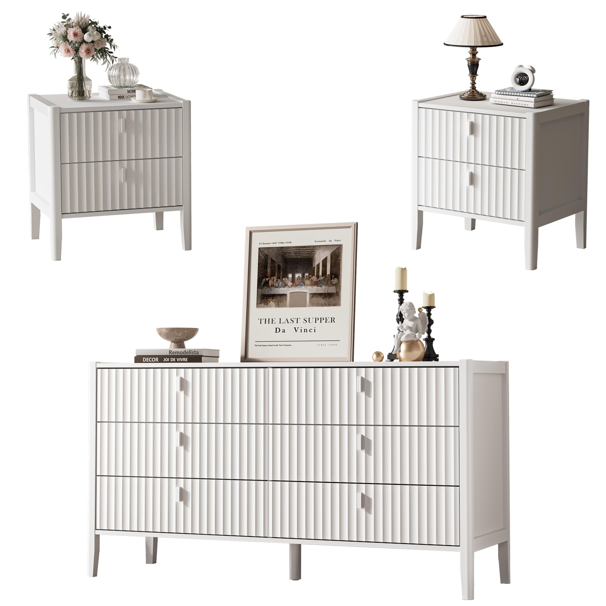 MAISONARIA 3-Piece Dresser Bedroom Set, 6 Drawer Dresser & 2 Drawer Nightstands with Metal Handles, Fluted Wood Chest of Drawers for Bedroom, Living