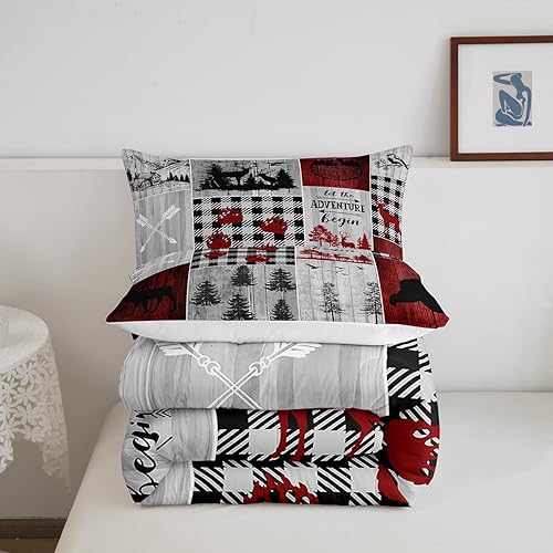 Miniatura 5 de Juego de ropa de cama rústica de granja para niños, juego de edredón de oso de caza, alce y ciervo, tamaño King, edredón de cabaña de campo, edredón