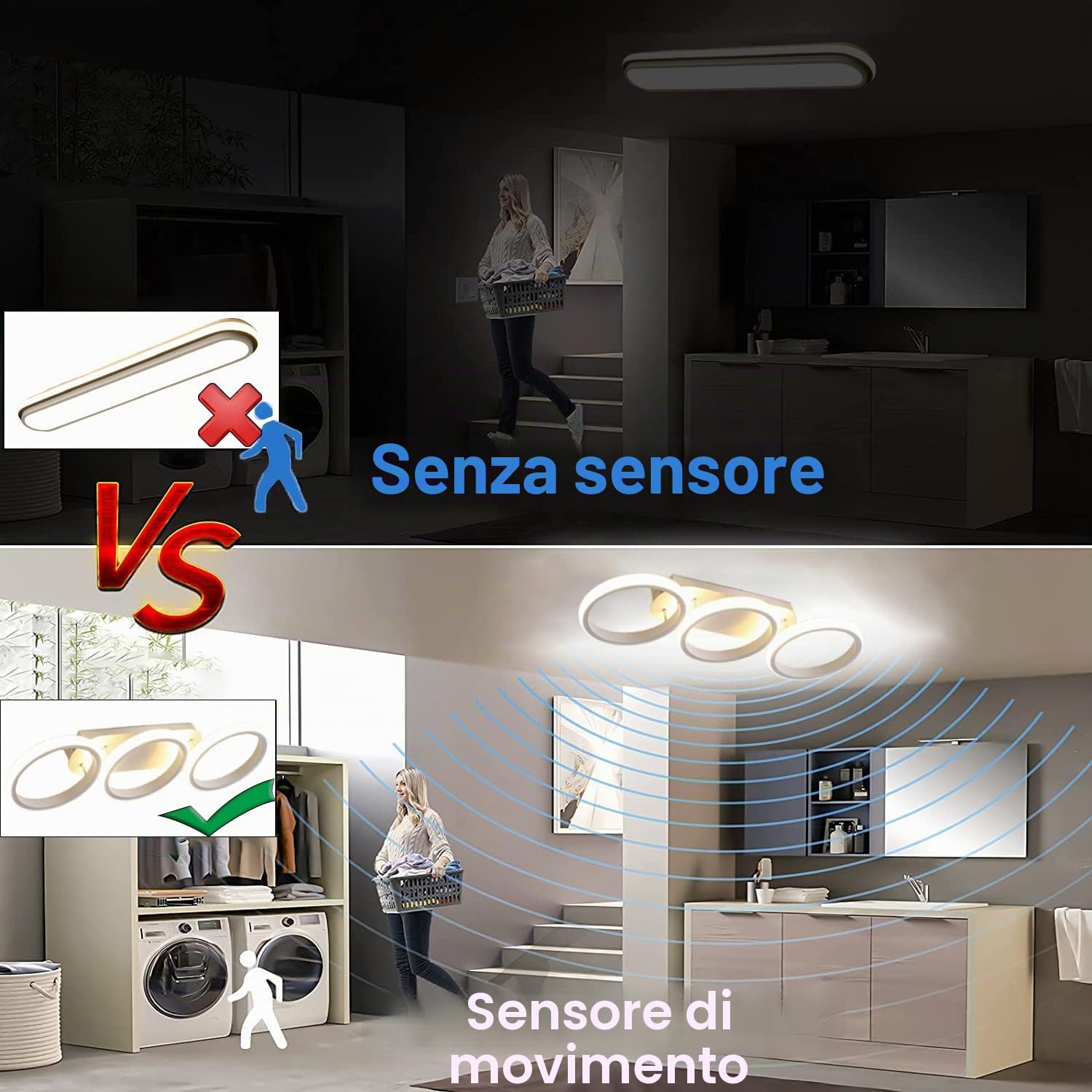 Plafoniera LED Con Sensore di Movimento 30W Interno Moderna Lampada da soffitto con sensore di movimento illuminazione de soffitto per Corridoi Soggiorno Garage Scale Bagno Balcone, Bianco (6000K)
