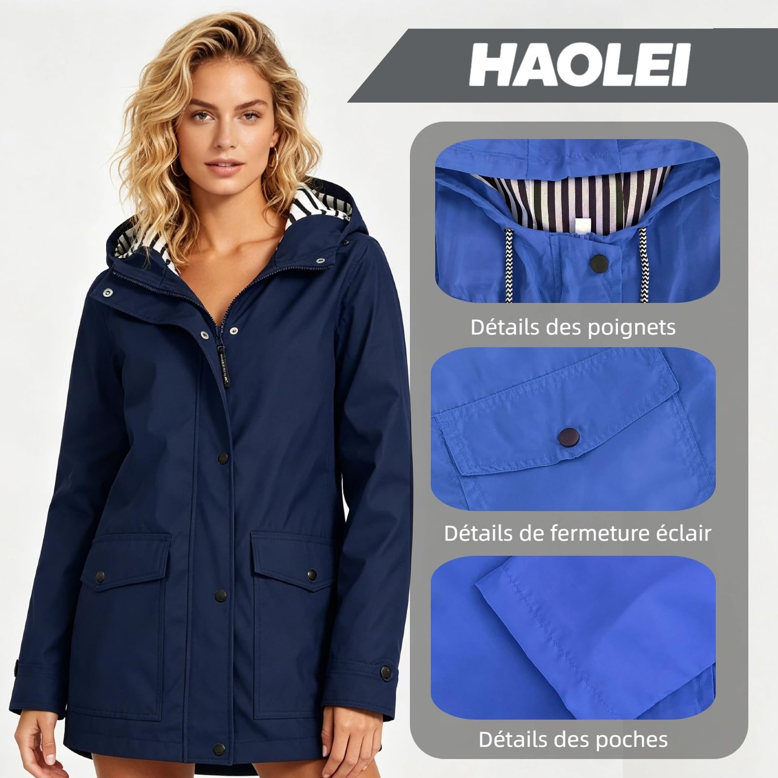 HAOLEI Veste ImperméAble Longue Pour Femme Parka Mi Saison Vestes à Capuche ZippéE Manteau De Pluie Coupe Vent Avec Poches Et Cordon Couleur Unie LéGèRe Manches Longues Blouson D'ExtéRieur Jacket