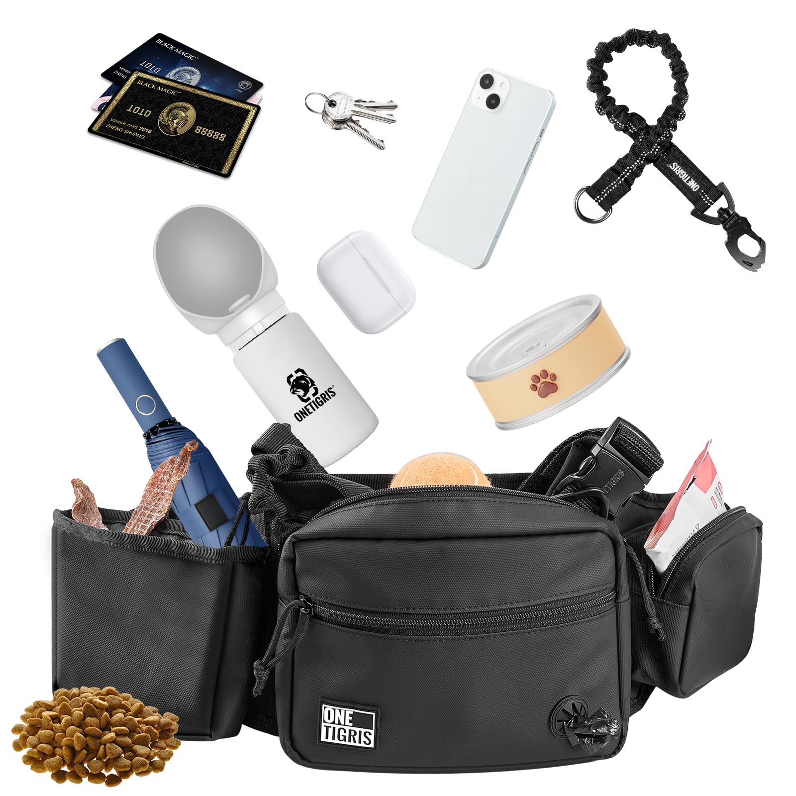 OneTigris Borsa Porta-Premi per Cani Impermeabile con Chiusura Magnetica, Porta Snack Addestramento Rimovibile con Dispenser Sacchetti Igienici, Alta capacità SnackKeeper Multifunzione, Nero
