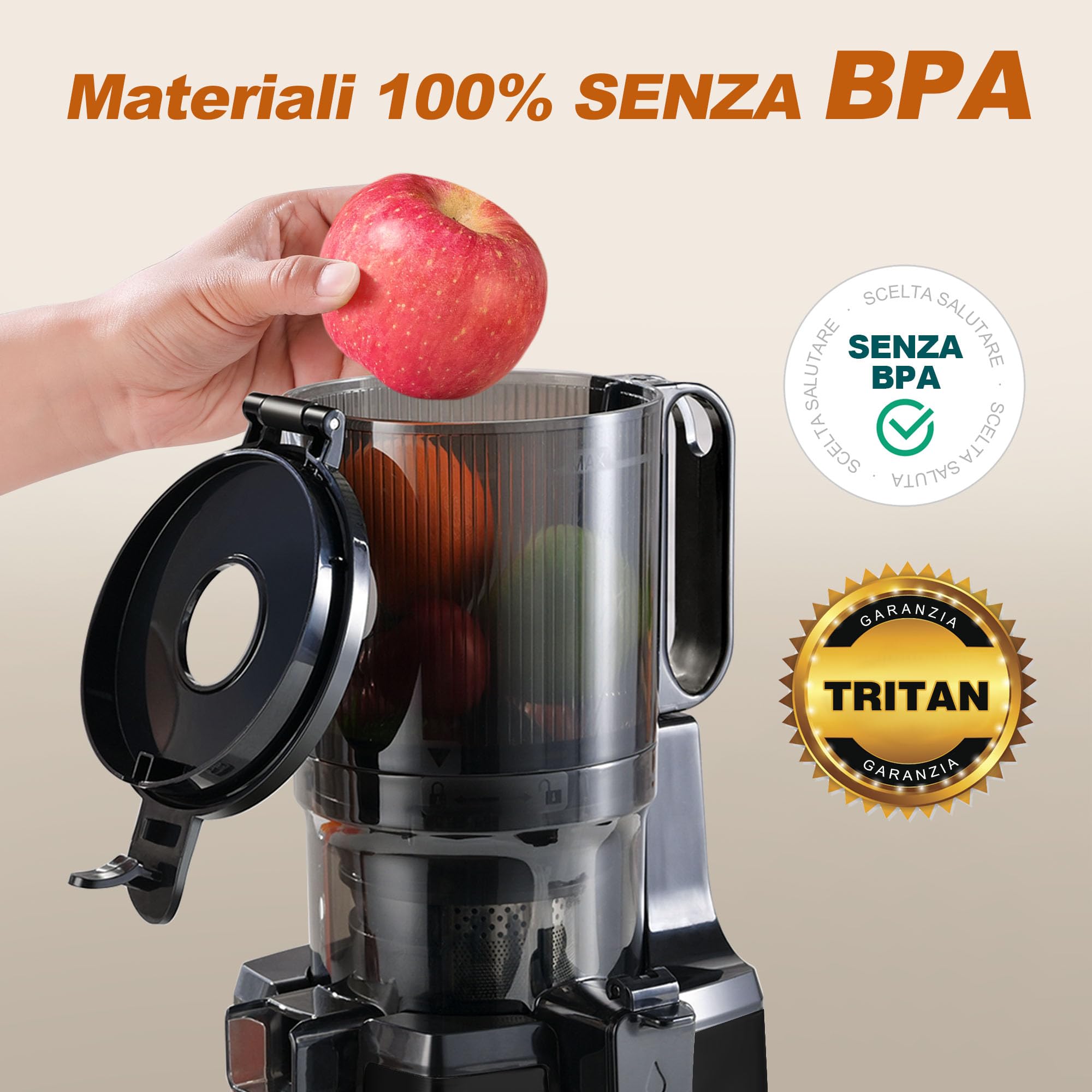 Fretta Estrattore frutta e verdura, Estrattore di Succo Lento, 135mm,1.8L, Facile da Pulire, BPA Free, Motore Silenzioso, Funzione Inversione, Nero
