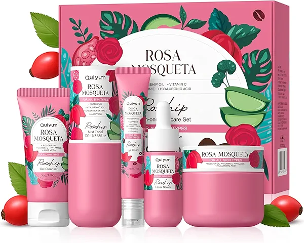 Skin Care Set, Rosehip Vitamin E Skincare Kits 5PCS- Beauty Skin Care for Women, Facial Skin Care Routine Set Kit, Restore Skin Elasticity, Refine Skin Texture, Even Skin Tone, for All Skin Types