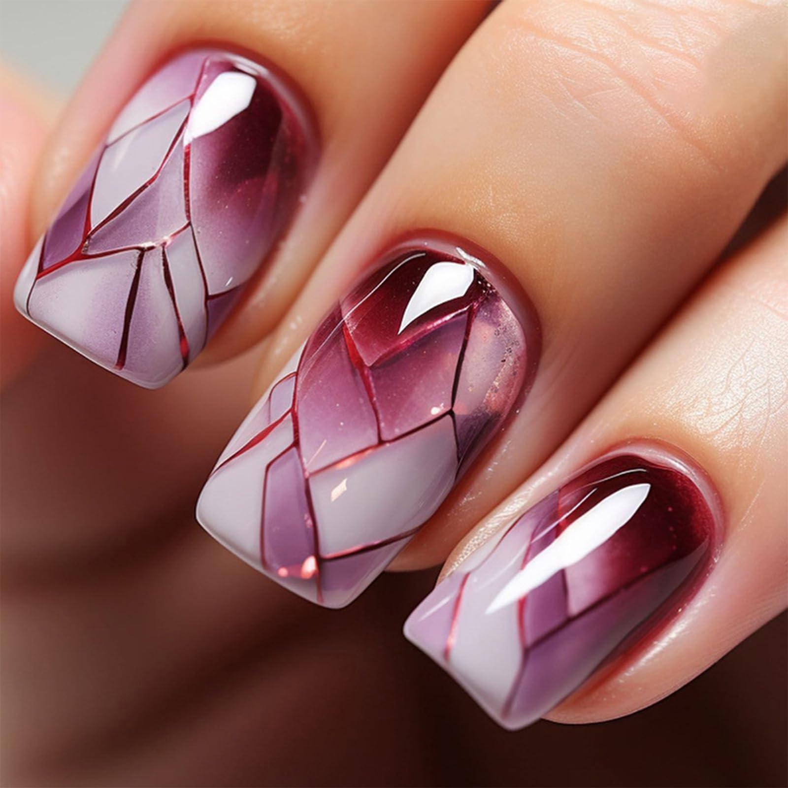 24pcs Medium Square False Nails Burgundy White Ombre Stick on Nails Marble Design Press on Nail Removable Full Cover Glue on Fake Nail Art Accessories for Women