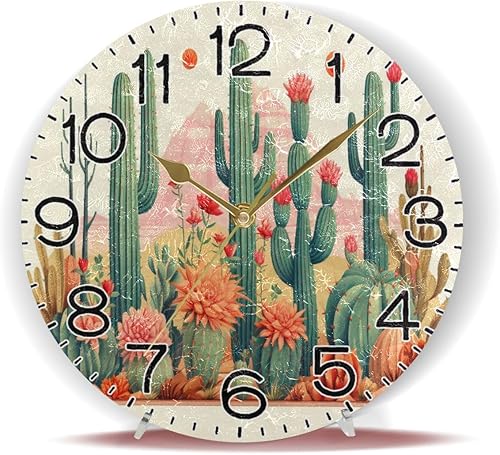 Miniatura 6 de Cactus in Desert3 - Reloj de pared con pilas, sin tictac, silencioso, de cuarzo, analógico, rústico, estilo rural, redondo, decoración retro para el