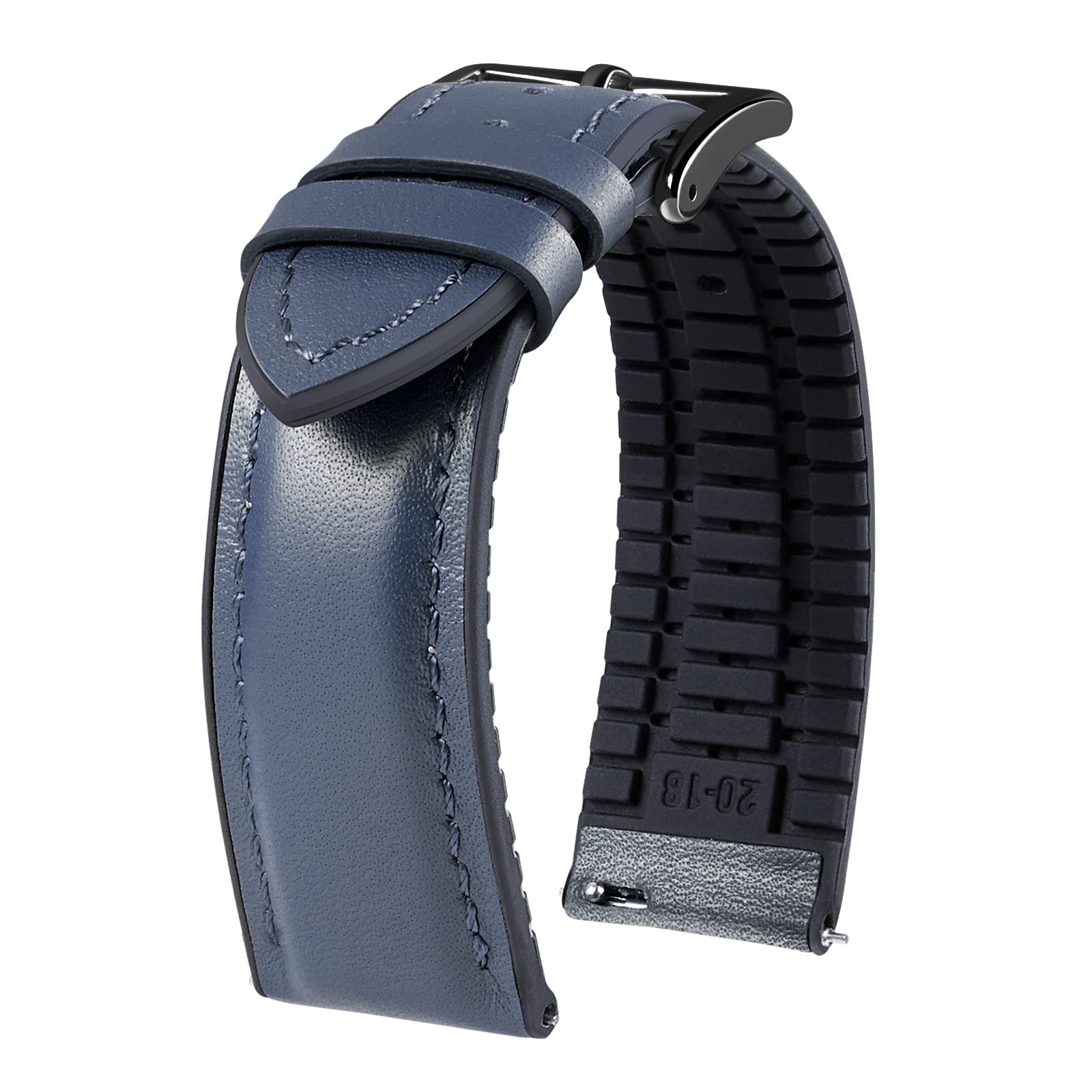 BINLUN Leder Silikon Uhrenarmbänder 14mm 16mm 18mm 19mm 20mm 21mm 22mm Schnellverschluss Hybrid Gummi Lederarmband für Smartwatches 6 Farben Herren Damen(Blau,14mm,Schwarze Schnalle)