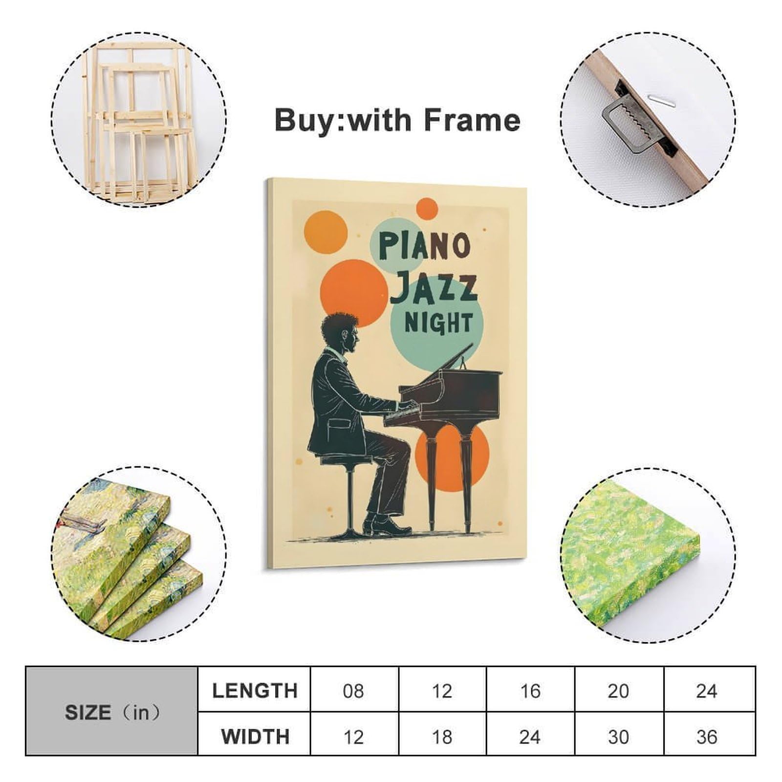 ZlXXYZ Poster su tela per decorazione moderna di famiglia e ufficio, motivo: musica pianoforte, musica jazz, 40 x 60 cm, stile cornice