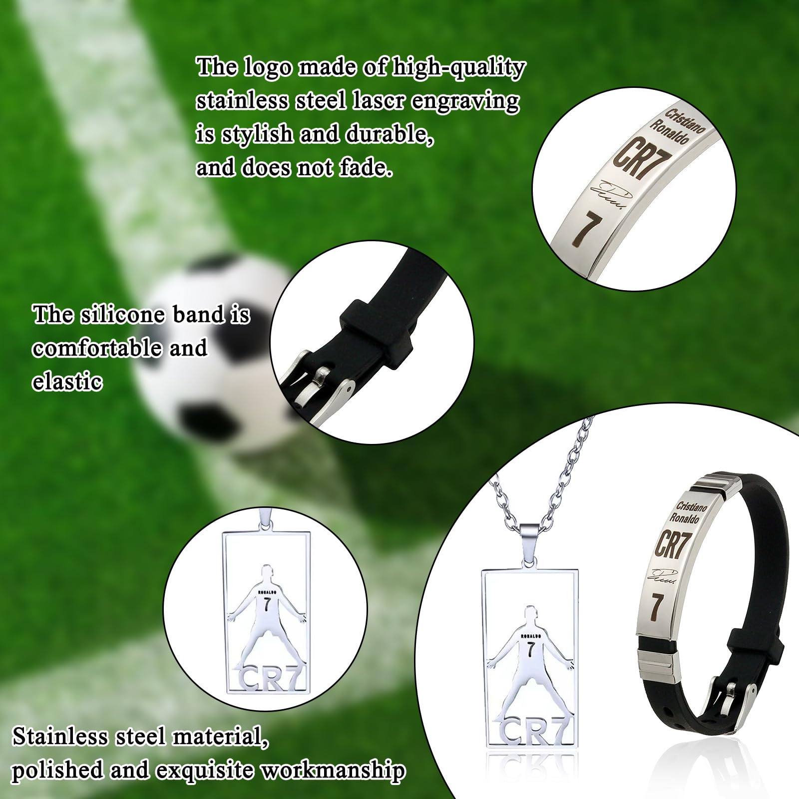 CR7 - Braccialetto con ciondolo a forma di stella del calcio, regolabile, per tifosi di calcio, regalo per uomini e donne, no, acciaio inox e silicone, Nessuna pietra preziosa