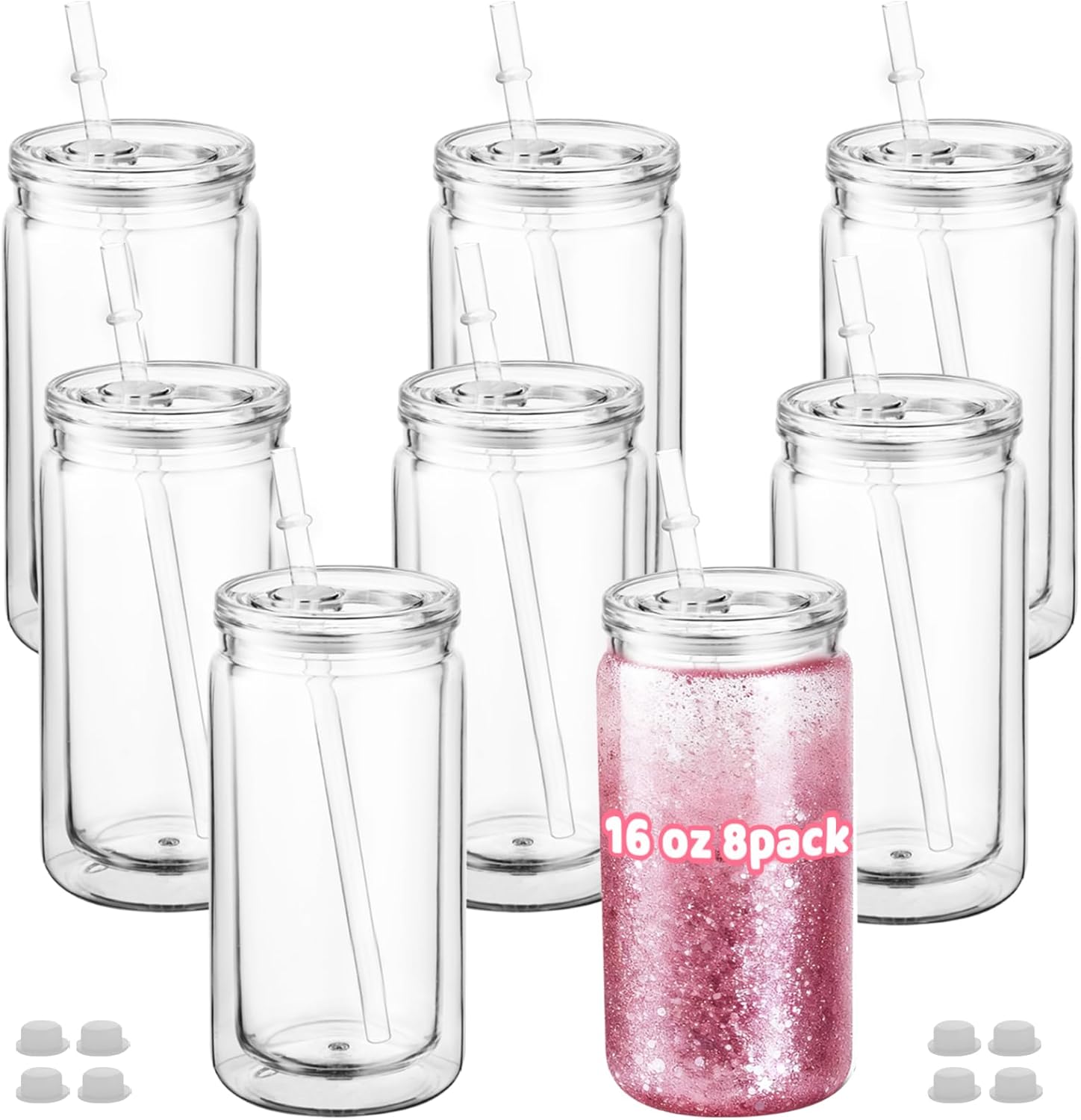 Cuguords 8 Pack 16oz Snow Globe Tumblers with Lids, Straws & Plugs, Double Wall Acrylic Plastic Snowglobe Cups, Pre-Drilled Hole DIY Glitter Tumbler Supplies, Bulk Clear Globe Cups for Party Favors