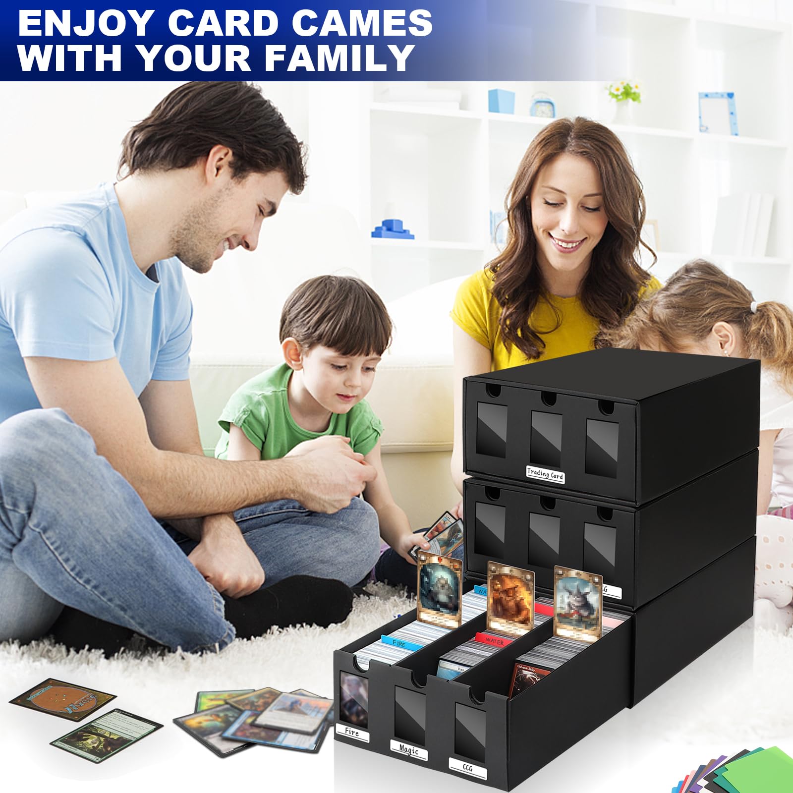 HIMOMO Sammelkarten Box für 9000+ Trading Card, Karten Aufbewahrungsbox mit 48 Kartenteiler, Doppelseitiges Tape und Etiketten, Sammelkarten Aufbewahrungsbox für TCG, MTG, PTCG, Sports Karten