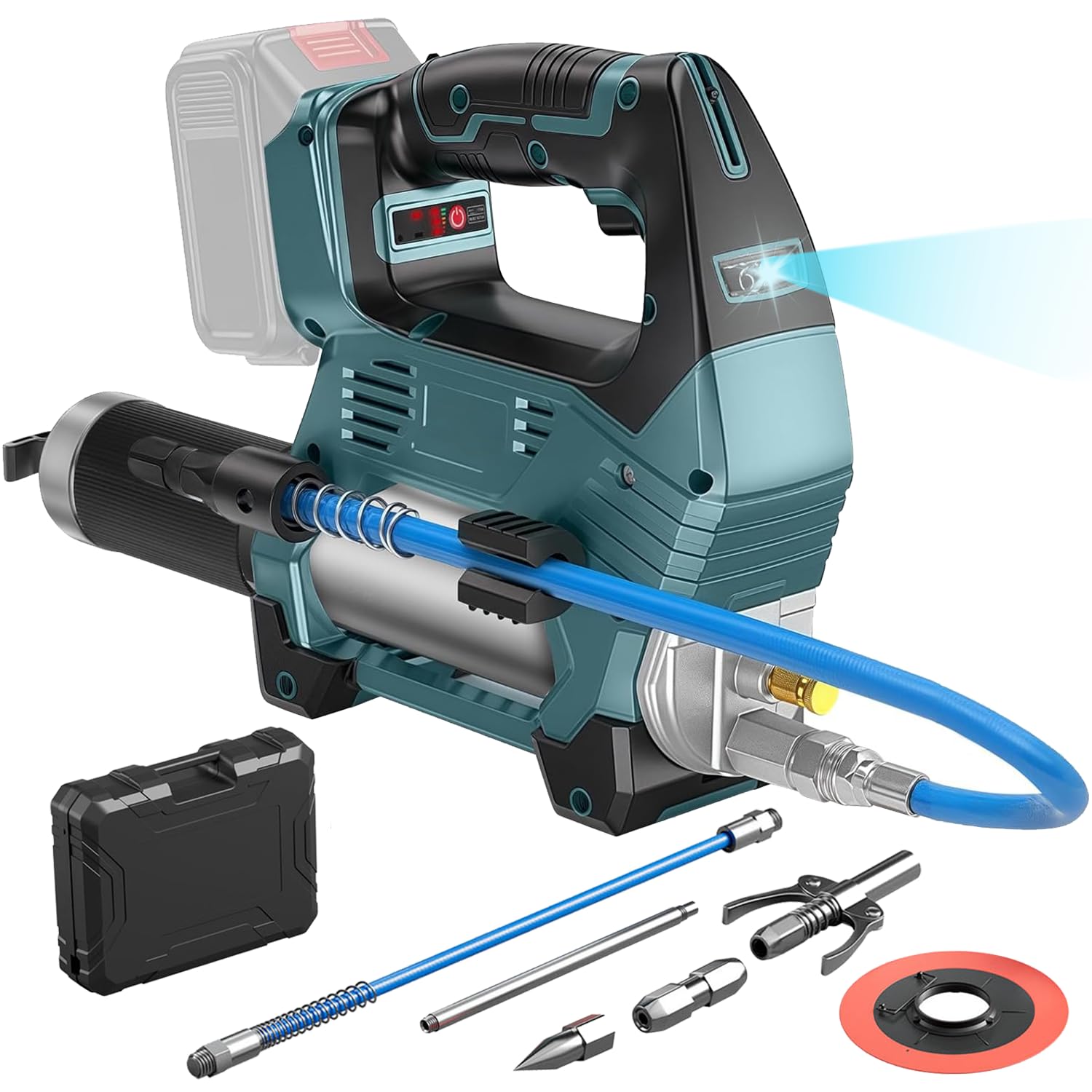 Pistola engrasadora eléctrica para Makita 18 V-21 V batería (sin batería), 12000 PSI, kit de engrase con luz LED, manguera larga, boquilla, bandeja de extracción de aceite, 3 velocidades para máquinas