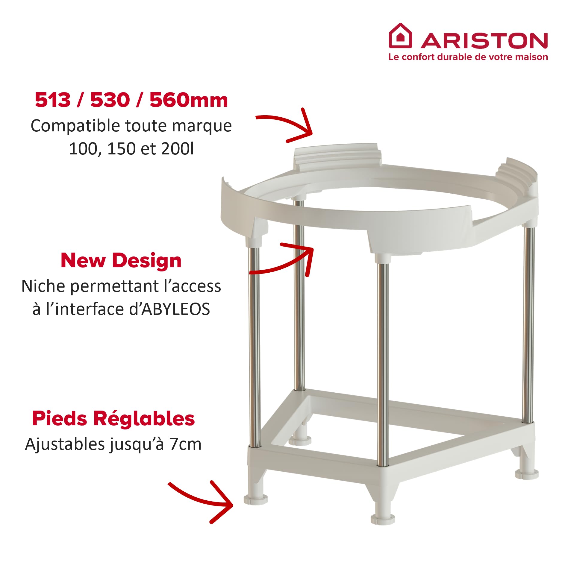 Ariston - Trepied Universel Ajustable pour Chauffe-eau Cylindrique - Diamètres 513-530-560 mm - Support Universel pour Chauffe eau muraux - Trépied 4 Pieds Réglables - 4090027