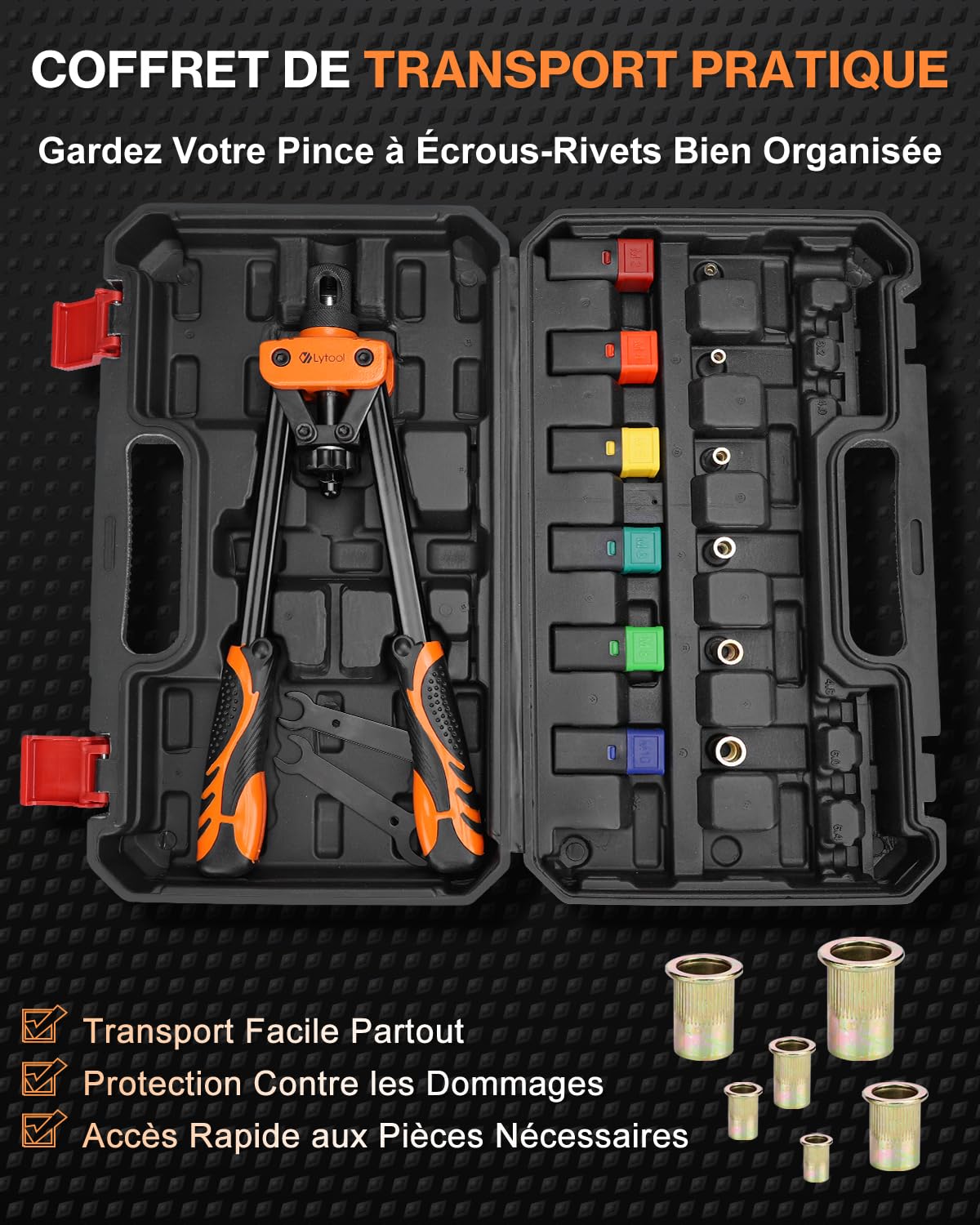 Lytool Pince-a-Insert Fileté 14",6 Mandrins Métriques, 70 Écrous, M3-M10 | Pince-à-Écrou-Fileté Avec Étui de Transport Robuste,M6 Est Sur La Pince à Écrou 2 Goupilles de Verrouillage