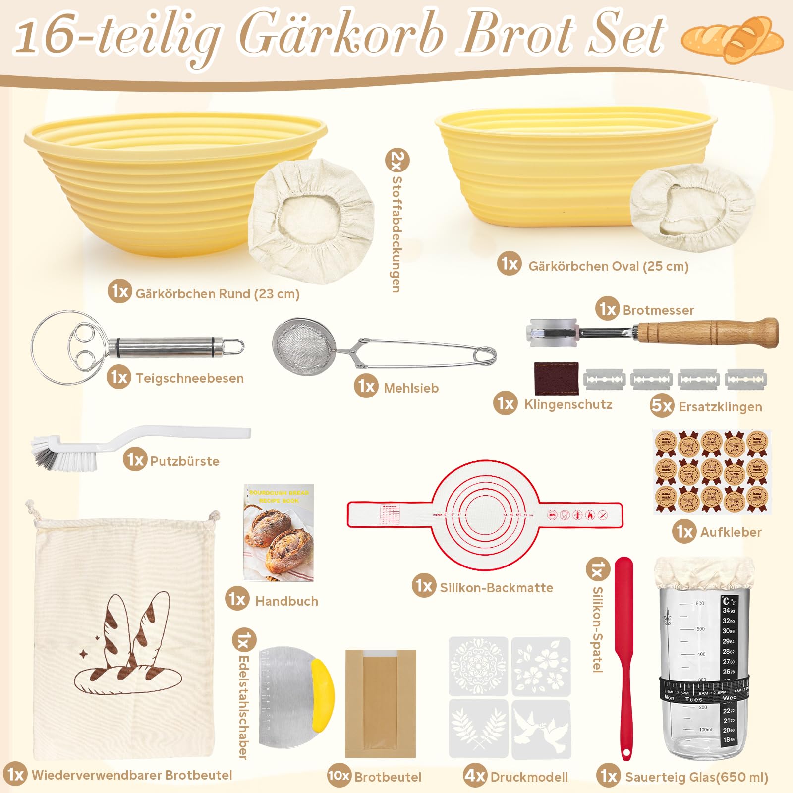 Sauerteig Starter Set, 16-teilig Gärkorb Brot Set, Brot Backen Zubehör, Gärkörbchen Oval und Rund 25cm & 23cm, Sauerteig Glas, Geschenk für Anfänger und Erfahrener Bäcker