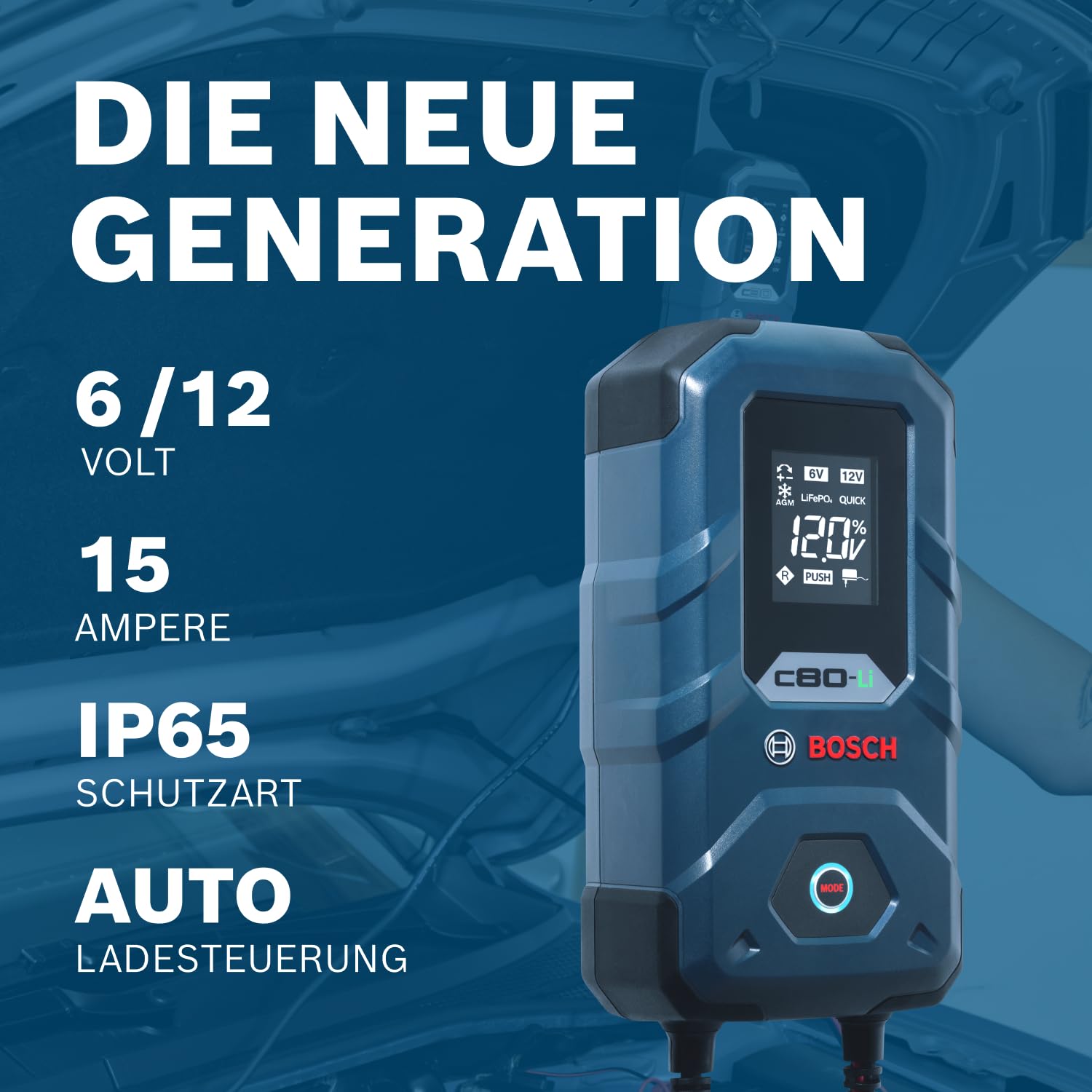 Bosch C80-Li Batterieladegerät, 15 Ampere, mit Erhaltungsladungs-Funktion - Autobatterie-Ladegerät für 6 V / 12 V Blei-Säure-, AGM-, EFB-, Gel-, SLI- Batterien sowie 12 V Lithium- (LiFePO4) Batterien